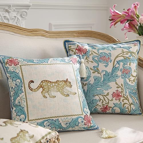Miniatura 7 de Juego de 2 fundas de almohada de diseño para sofá de 18 x 18 pulgadas, funda de almohada vintage de lino francés con patrón de guepardo y colgante