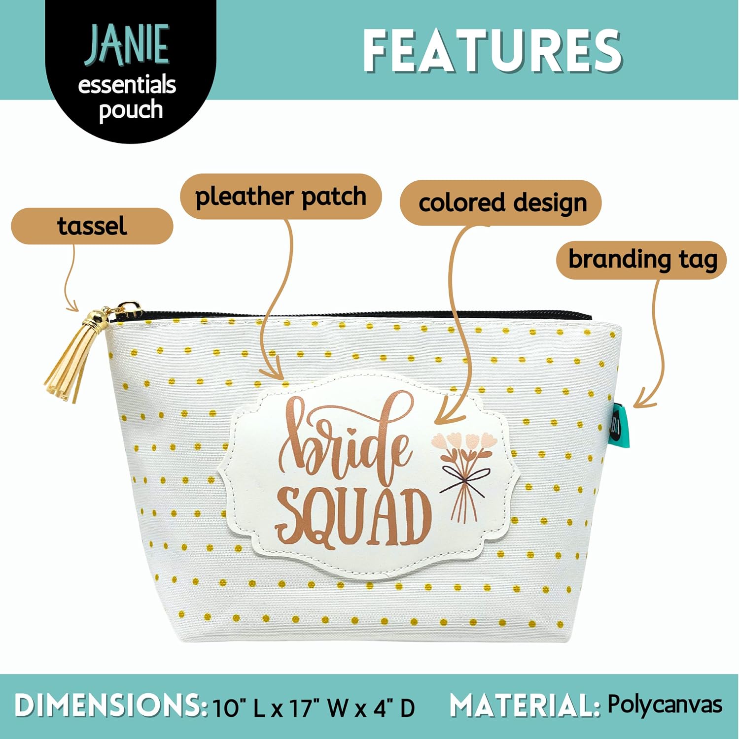 Makeup Bag for Women - Stylish Gold Dotted Cosmetic Pouch & Travel Toiletry Bag with Zipper - Perfect Wedding Party, Bride Squad, Bridesmaid Gift - Cute & Functional Organizer for Makeup & Accessories image 2