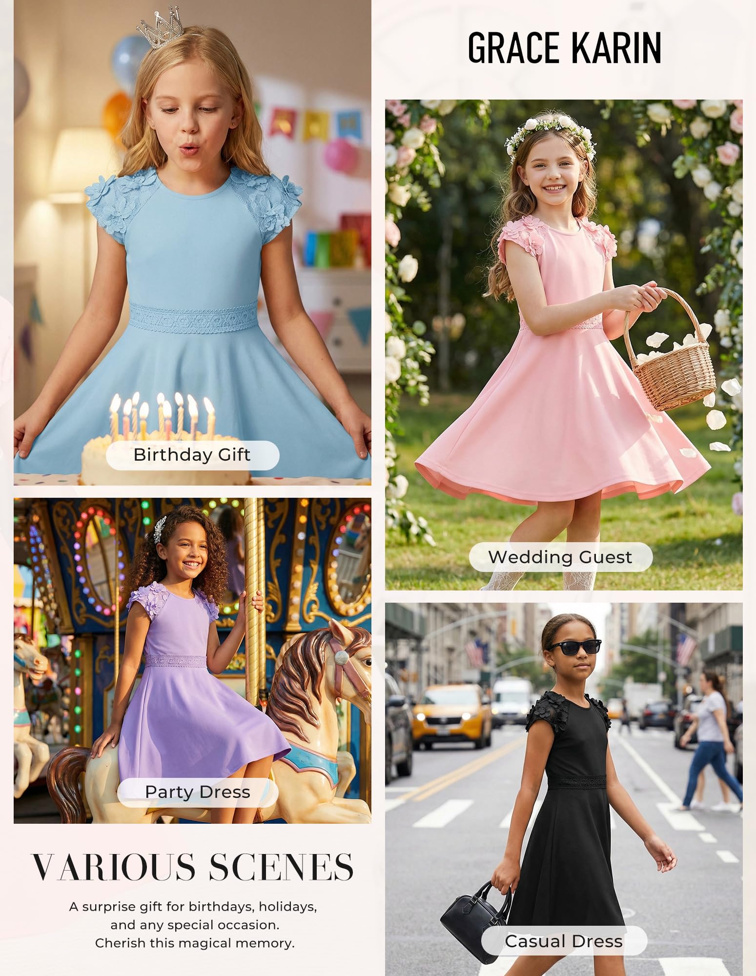 GRACE KARIN Mädchen Midikleid Sommer Einfarbig Rundhals Festliches Kleid Mit Blumen