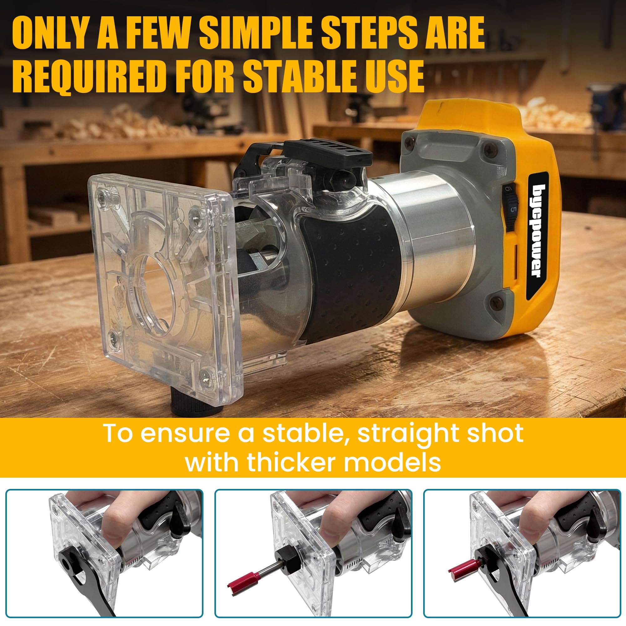 Akku Oberfräse für DE Walt 18V/20V MAX Akku, 30000 RPM Bürstenloser Motor, 6-Stufen Kantenfräse, Kabellose Holzfräse mit 6,35mm Durchmesser, mit 15pcs 1/4" Fräser für Holz & Kunststoff