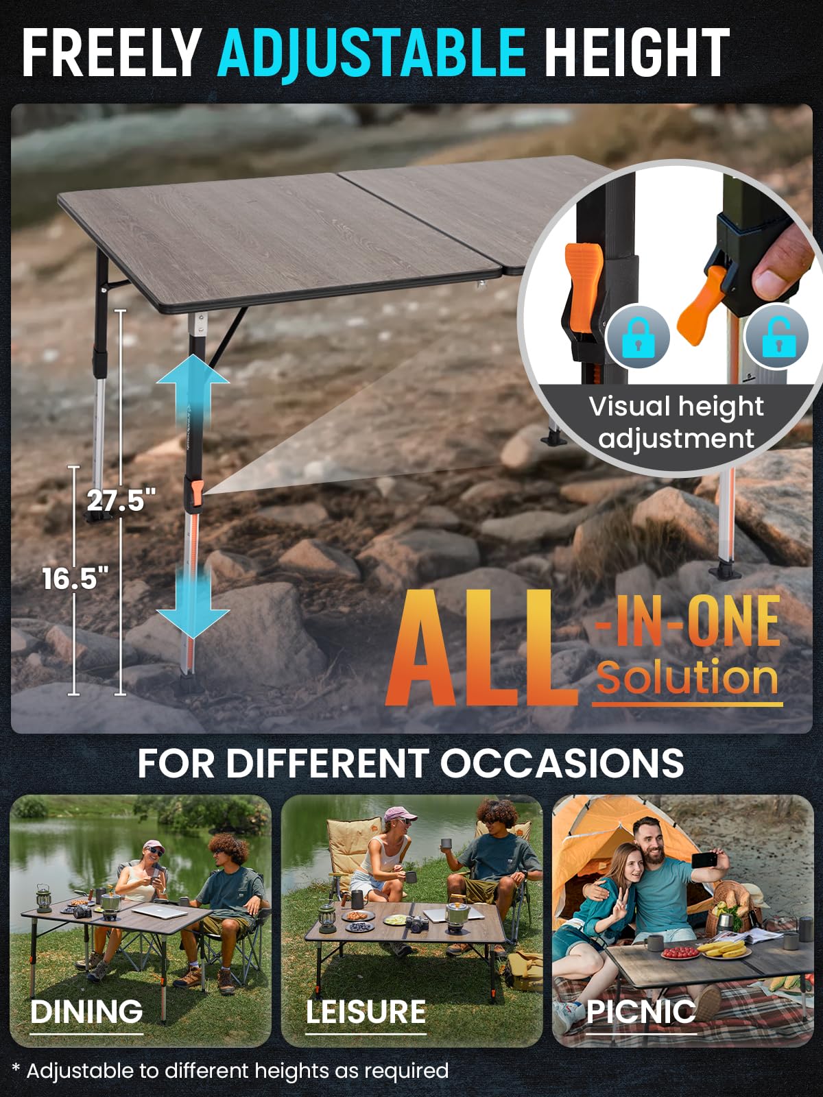KingCamp Großer Outdoor-Klapptisch mit Glasfaserplatte, Ultraleicht & flexibel höhenverstellbar (42–70 cm), robuster Alurahmen, ideal für Camping, für 4–6 Personen, Tragkraft bis 80 kg
