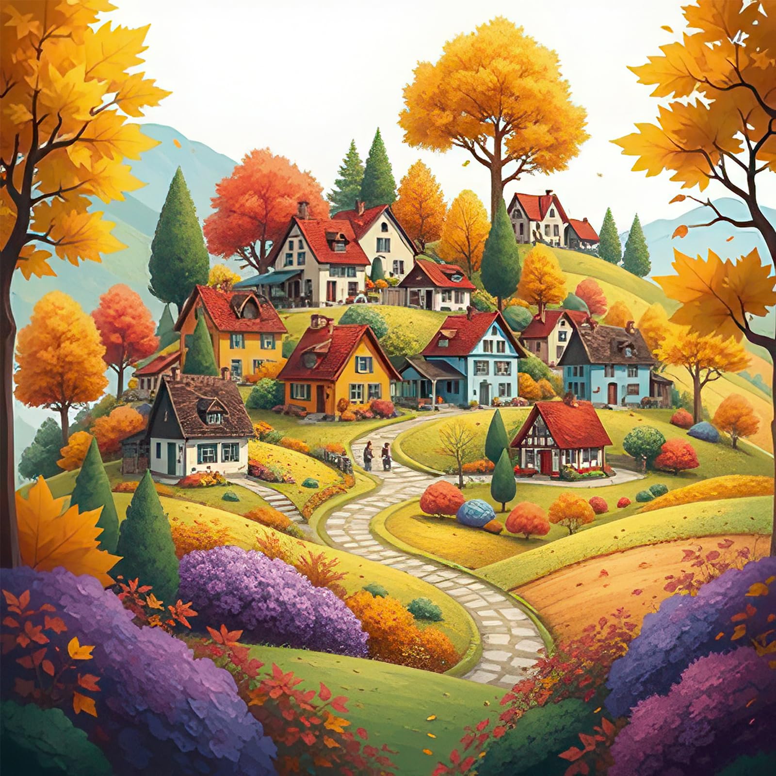 Bullglesup Puzzles for Adults 1024 Pieces, Autumn Village Jigsaw with Poster Letter on Back, Unique Pieces Fit Well No Dust (19.6"x19.6")