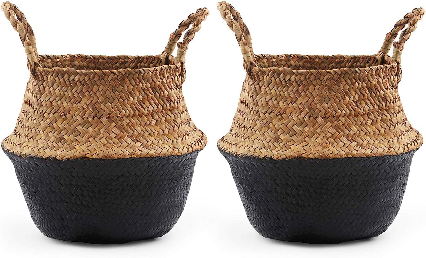 Woven Seagrass Plant Basket Set of 2 Tote Bag with Handles for Storage, Laundry, Picnic,and Plant Pot Cover (Large, Black)