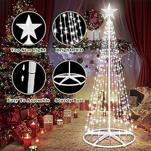 Outdoor Solar Christmas Cone Tree Lights, 7.5ft 310 LED Christmas Tree LightShow with 8 Modes Timer Remote, Lighted Artificial Tree USB Charge for Xmas Yard Porch Patio Party Holiday Decor, Cold White