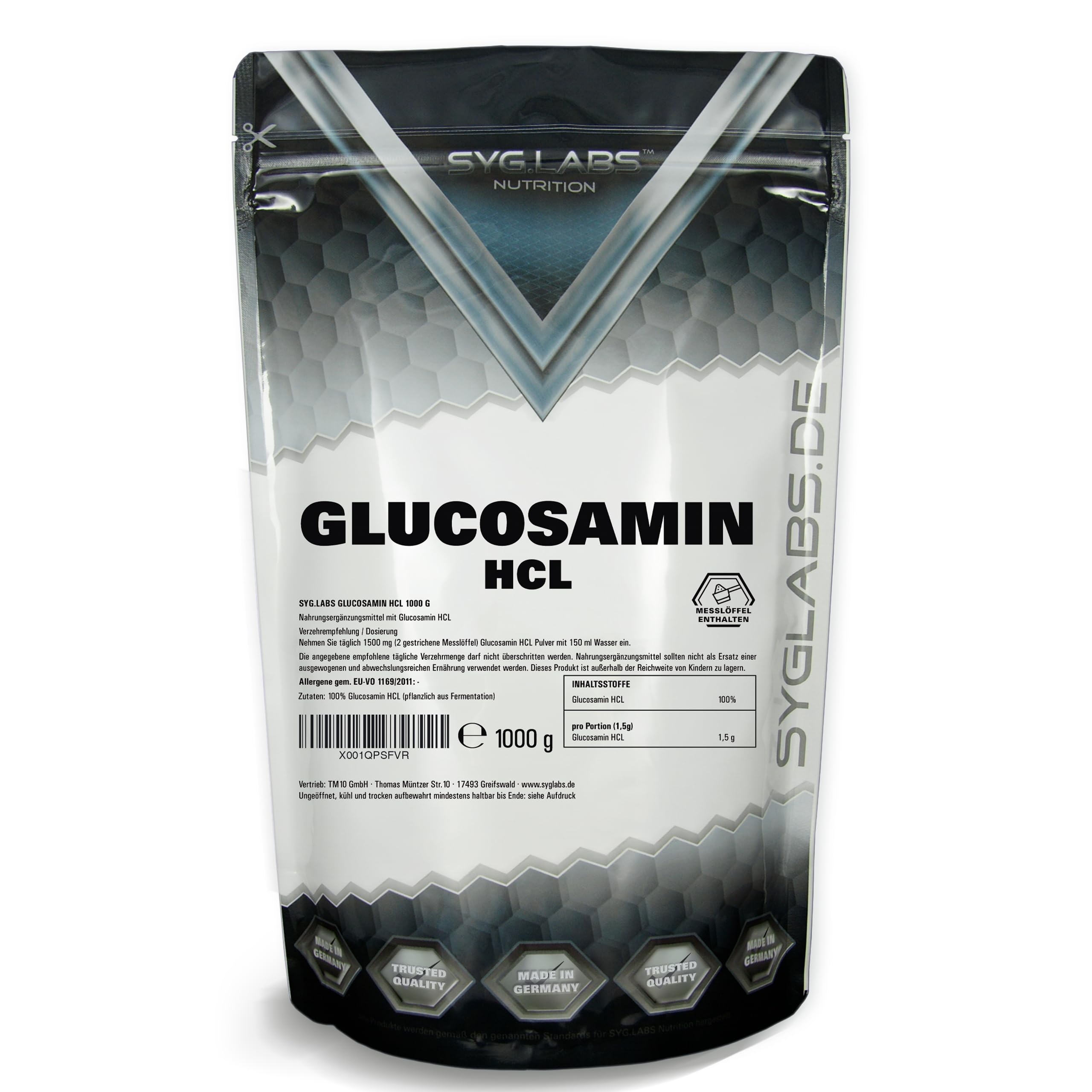 Glucosamin HCL - 1000g reines Glucosamin HCL Pulver - hochdosiert aus pflanzlicher Fermentation - 1kg vegan - Premium Qualität