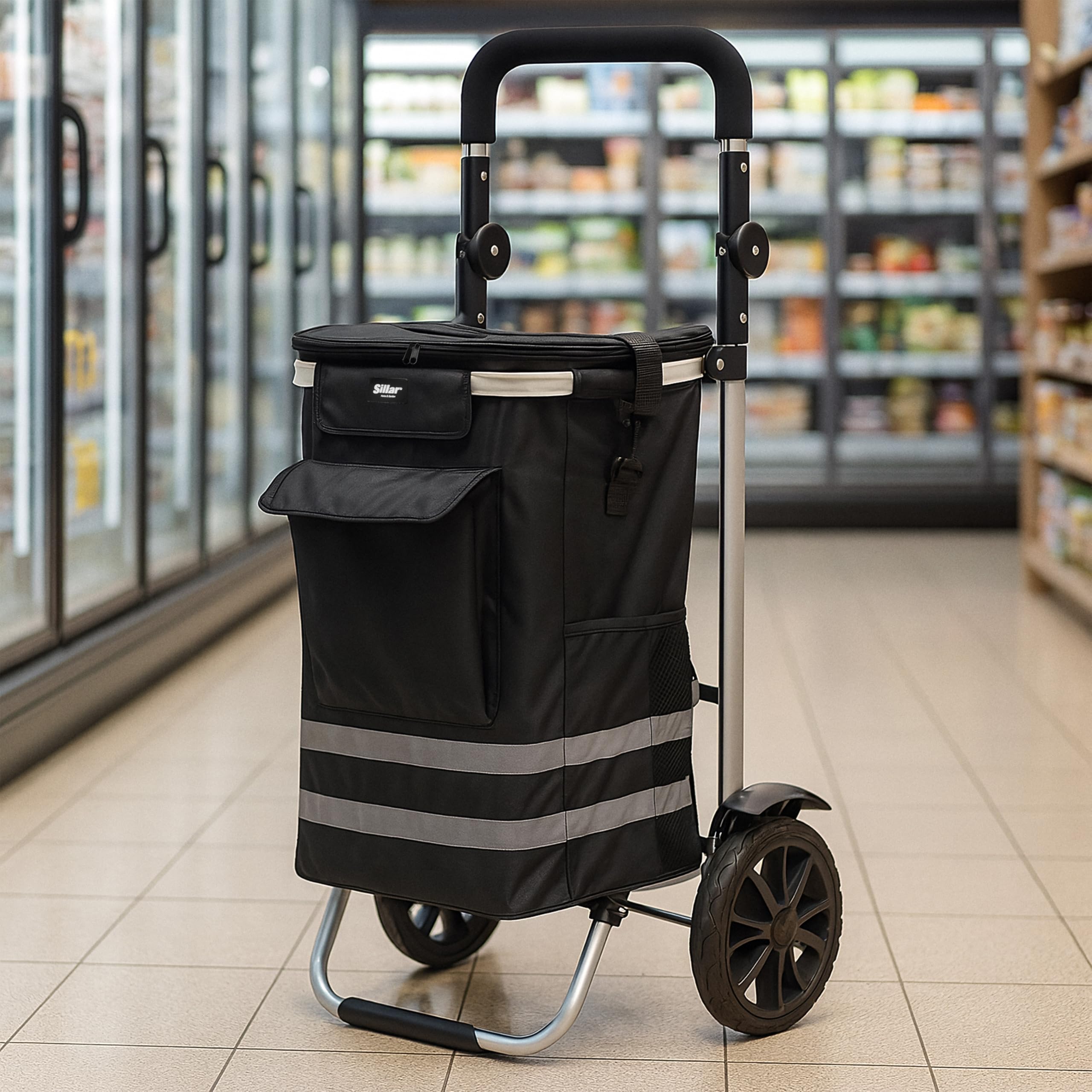 Sillar Trolley Spesa Pieghevole 56 L con Borsa Frigo 5 L – Carrello Porta Spesa Ruote/Carrello per la Spesa con Ruote, Carrellino Spesa 4 Ruote, Shopping Trolley 50 kg, Nero