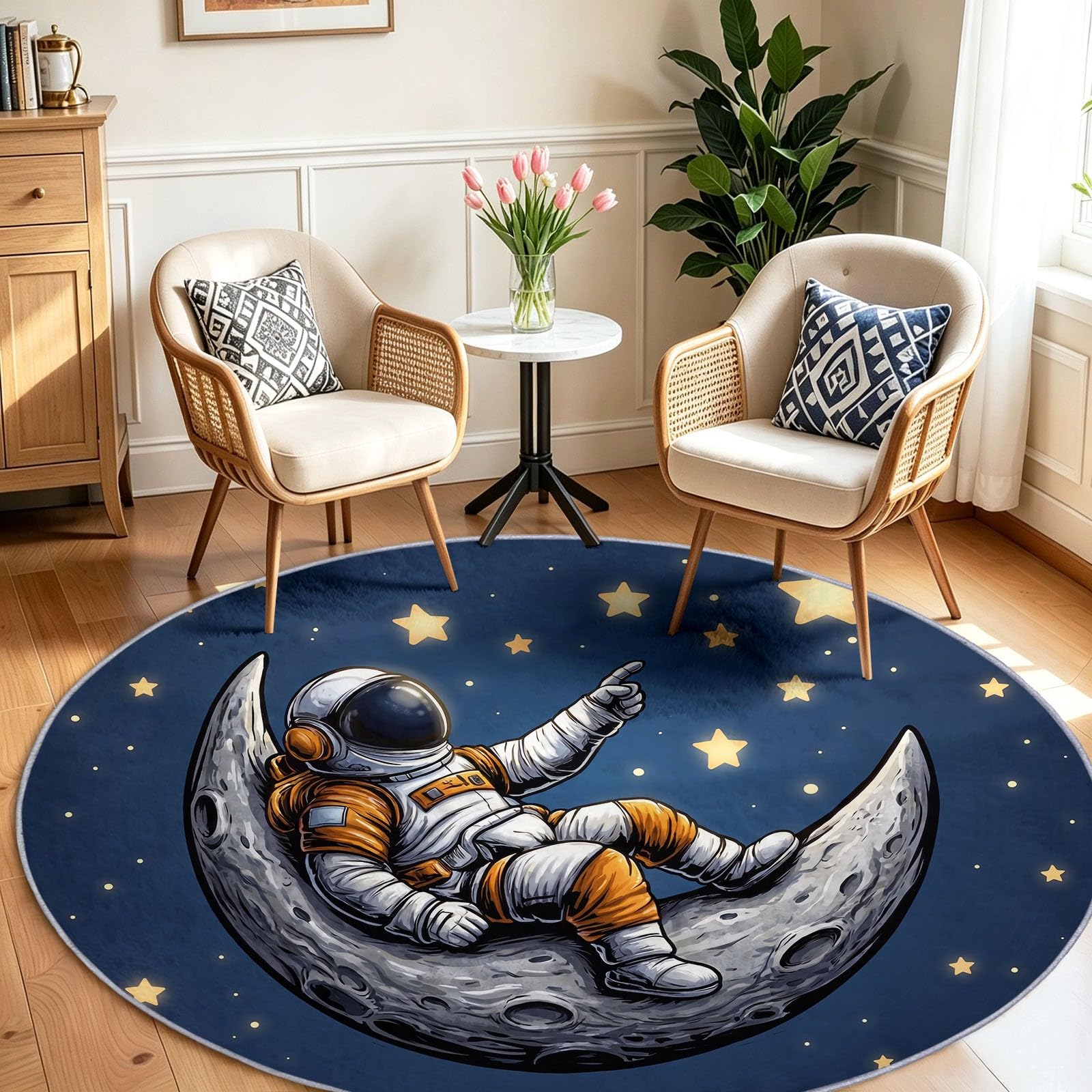 Okrągły dywan z motywem kreskówkowym 60 cm, astronauta, księżyc, gwiazdy, antypoślizgowy, miękki, można prać w pralce, nie gubi włosia, dywany podłogowe do sypialni, salonu, pod krzesło, dla chłopców