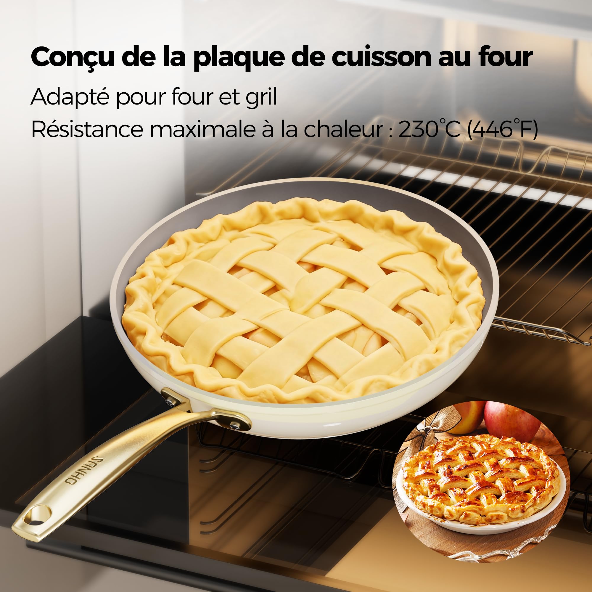 Sanho Set de 3 poêles céramique (20/26/30cm) | Antiadhésif Diamant-Titanium pour induction | Sans PFAS, PFOA, PTFE | Pour toutes cuisinières | Résiste au four jusqu’à 260°C & Lave-vaisselle | Beige