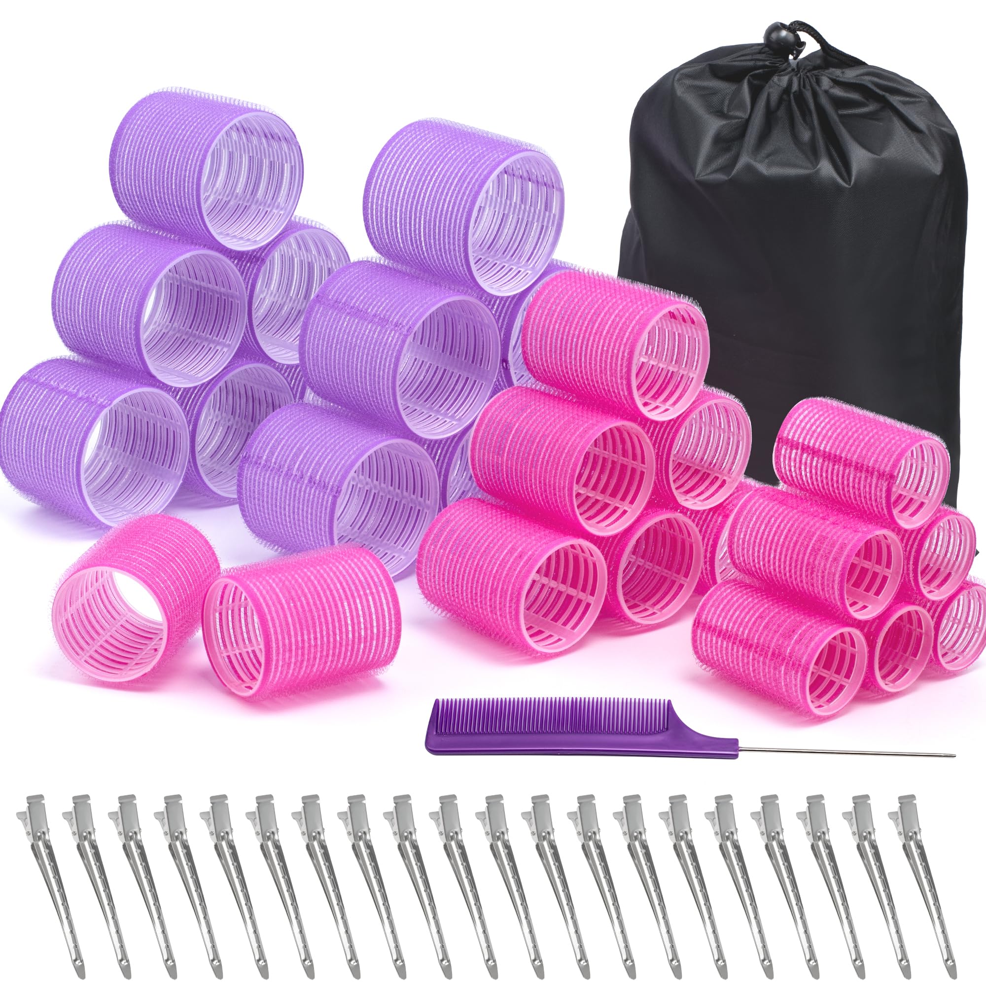 48 Pcs Self Grip Hair Rollers Set with 26 Rollers Hair Curlers & 20 Metal Clips, 3 Sizes Velcro Rollers for Blowout Look Long Medium Short Hair Volume, Jumbo Large Medium Hair Rollers DIY Hairstyles