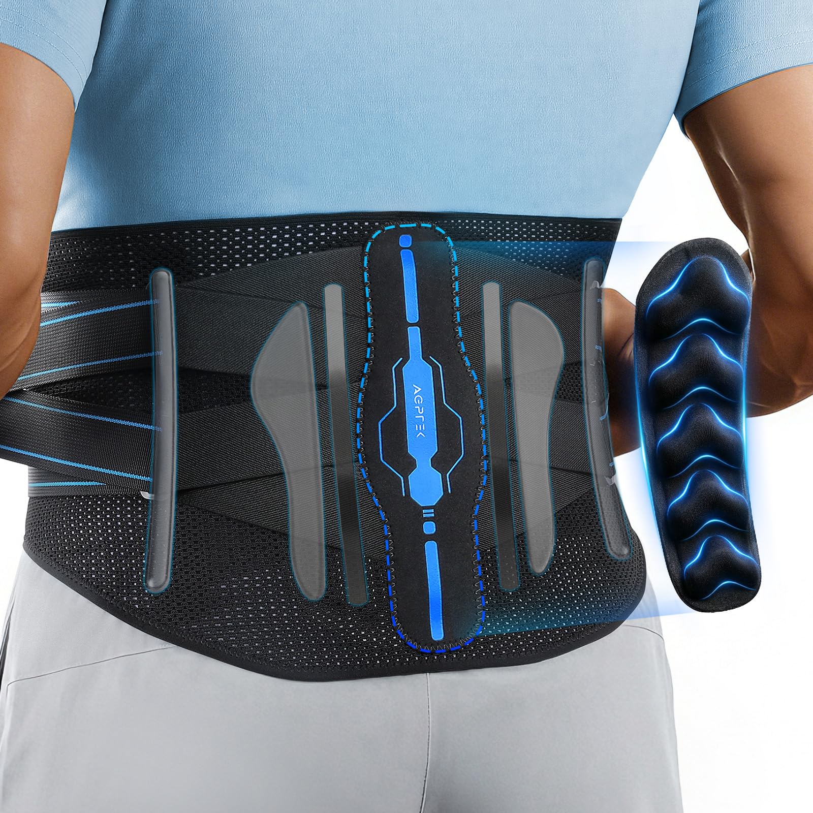 AGPTEK Pas lędźwiowy, oddychający pas podtrzymujący plecy z ergonomiczną poduszką 3D, łagodzi ból lędźwiowy, regulowany pasek z podwójnym paskiem, do uprawiania sportu, kulturystyki, mężczyzn i kobiet