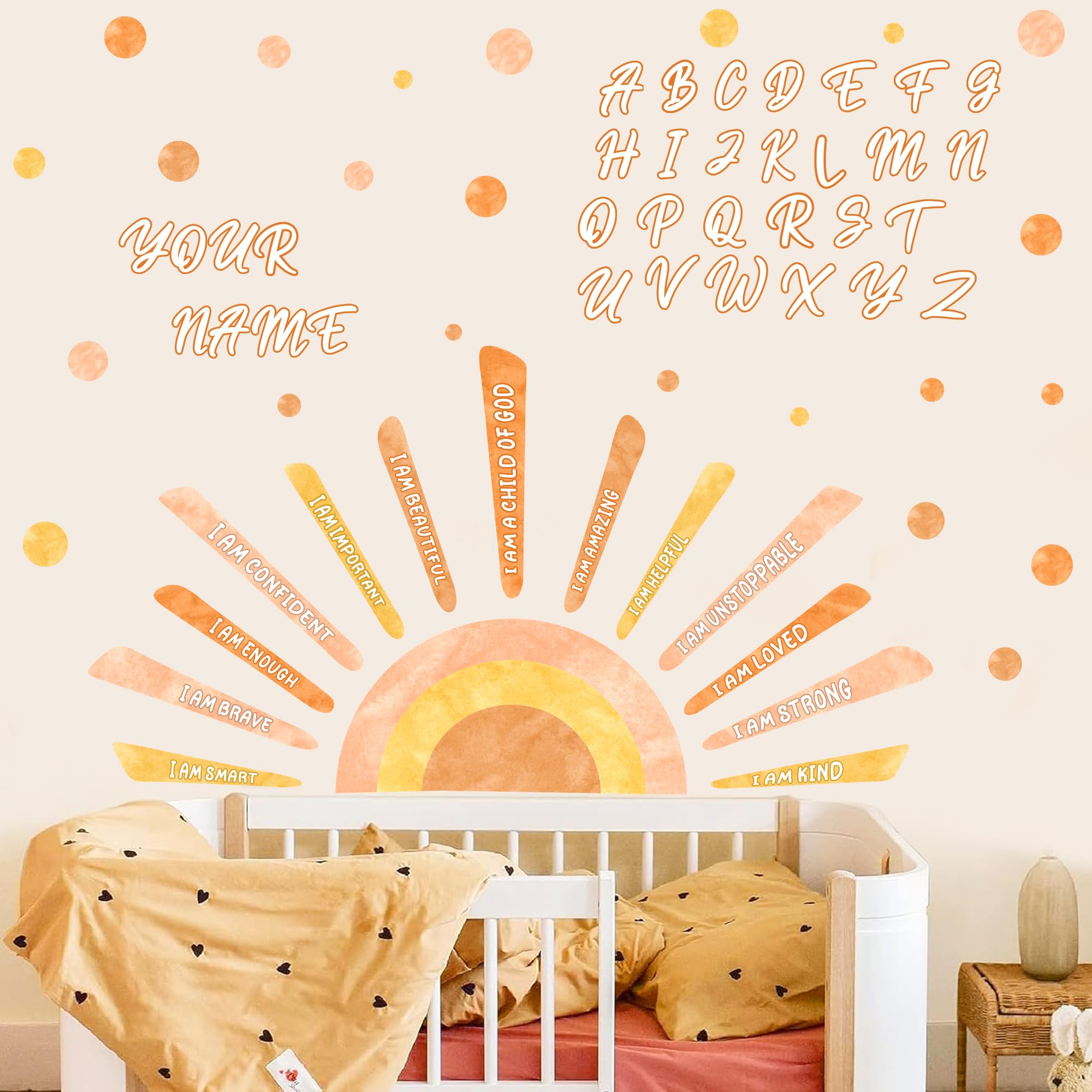 Custom Name Sunshine Wall Decal Kids Inspirational Wall Stickers Boho Sun Walls Decals for Classroom Nursery Peel and Stick Alphabet ABC Art Vinyl