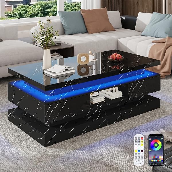47.2 inch Modern High Glossy LED Coffee Table with 2 Sliding Drawers, Double-Layer Center Tables with LED Lights for Liv