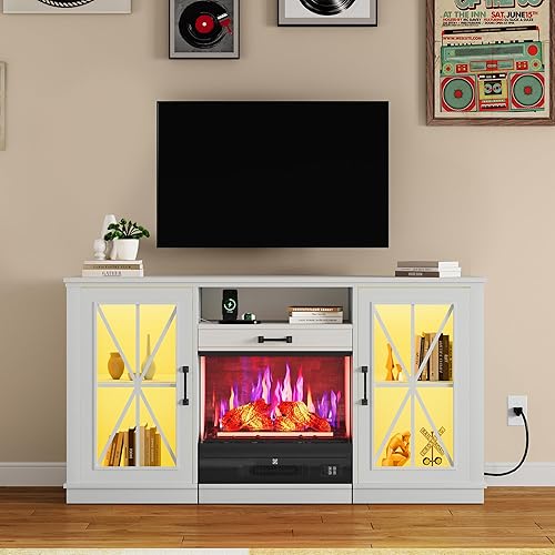 YITAHOME Fireplace TV Stand with 25" Electric Fireplace, 55 Inch TV Stand for up to 65" TVs, LED Light Entertainment Center with Slidable Fireplace, Storage Cabinets