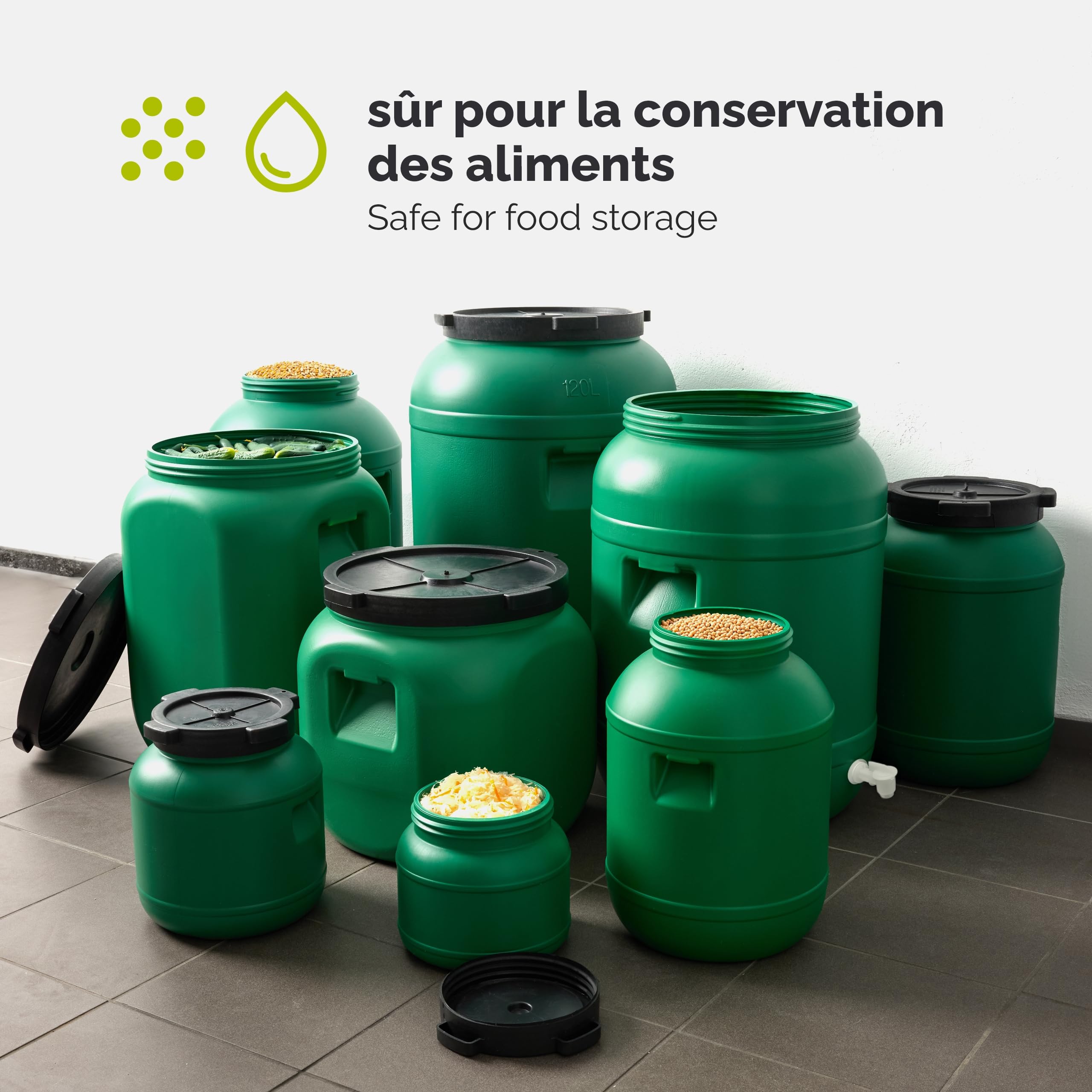 Garronda 60L Fût Plastique Alimentaire avec Robinet – Récupérateur d'Eau Sans BPA pour Eau, Fermentation, Croquettes, Choucroute GD-0142