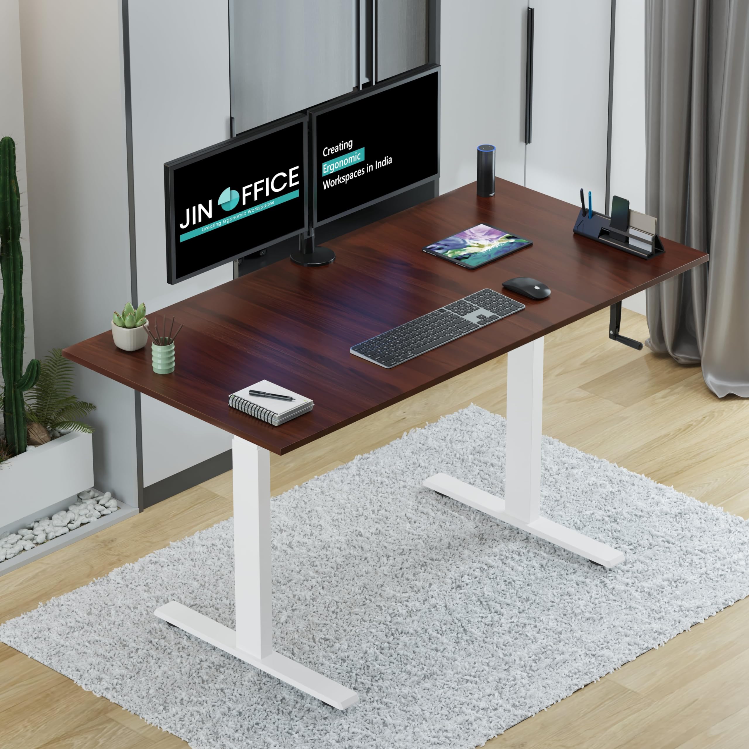 Jin Office Vertex Manual Height Adjustable Standing Desk| Hand Crank Height Adjustable Table| Sit Stand Desk| Ergonomic Table, 3 Year Warranty,80 Kg Wt. Cap| White & Brown| 1500*750mm/ 25MM Thick Top