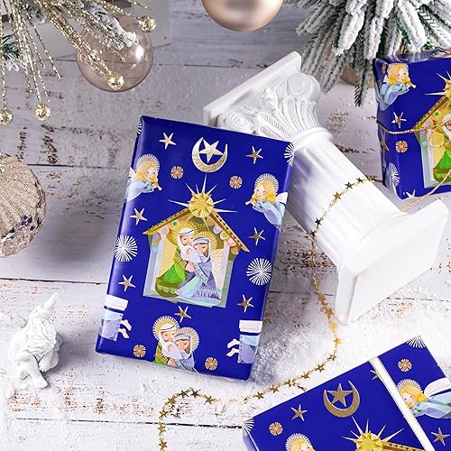 Vista 172 de WRAPAHOLIC Papel de regalo reversible de Navidad, mini rollo, 17 pulgadas x 33 pies, diseño de gnomo azul morado y cuadros con brillo metálico