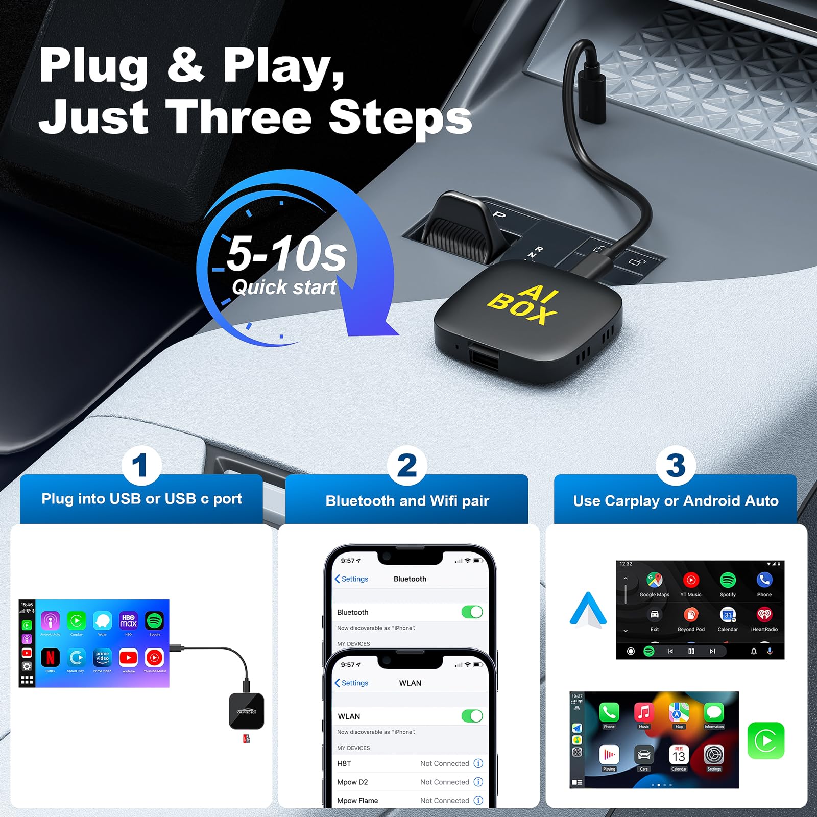 5in1 Wireless CarPlay& Android Auto Adapter mit Unterstützung für Netflix/YouTube,carPlay AI Box Convert Car Play Dongle TF Karte/USB Stick Magic Link für für iOS 10+/Android 11+ & Autos ab 2016