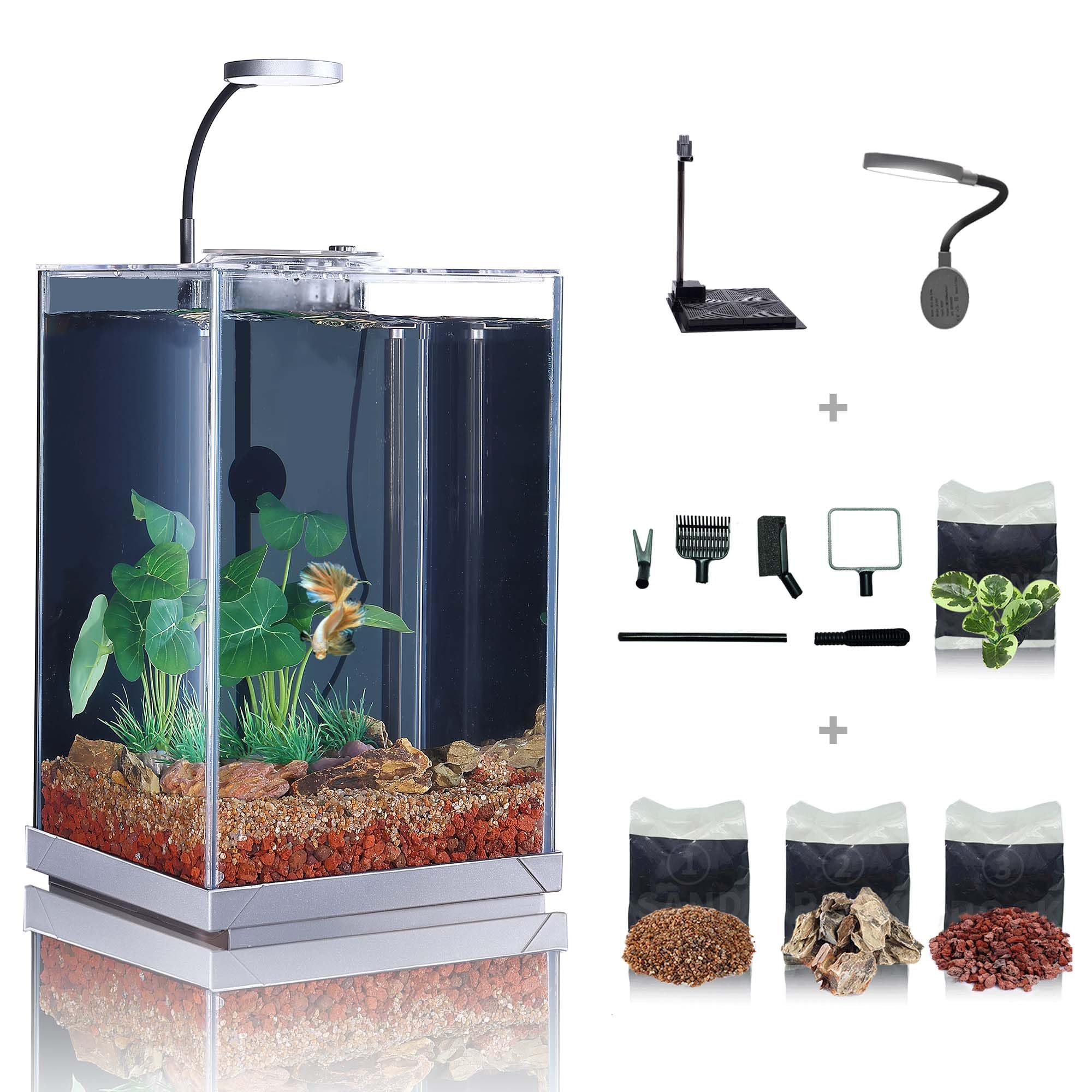 Nano Desktop Betta Fish Tank Set, 2.7 Gallon Glass Aquarium Hidden Bottom Filtration System Self Cleaning Filter Light Gravel Plant Cleaning Tool, for Small Space Easy Setup Space-Saving Design