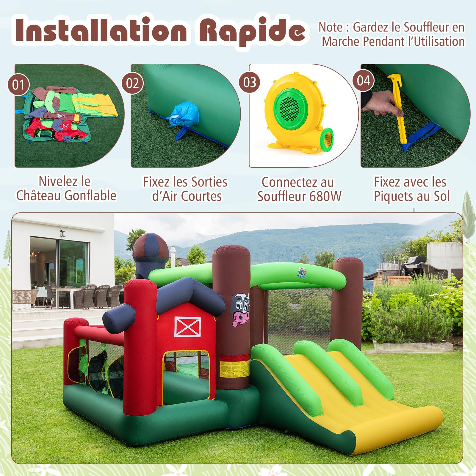 COSTWAY Château Gonflable avec Double Toboggans et Souffleur 680W, Aire de Jeux Gonflable avec Maison de Saut et Piscine à Balles, Panier de Basket, Jeu de Cibles, Intérieur Extérieur, 3-12 Ans