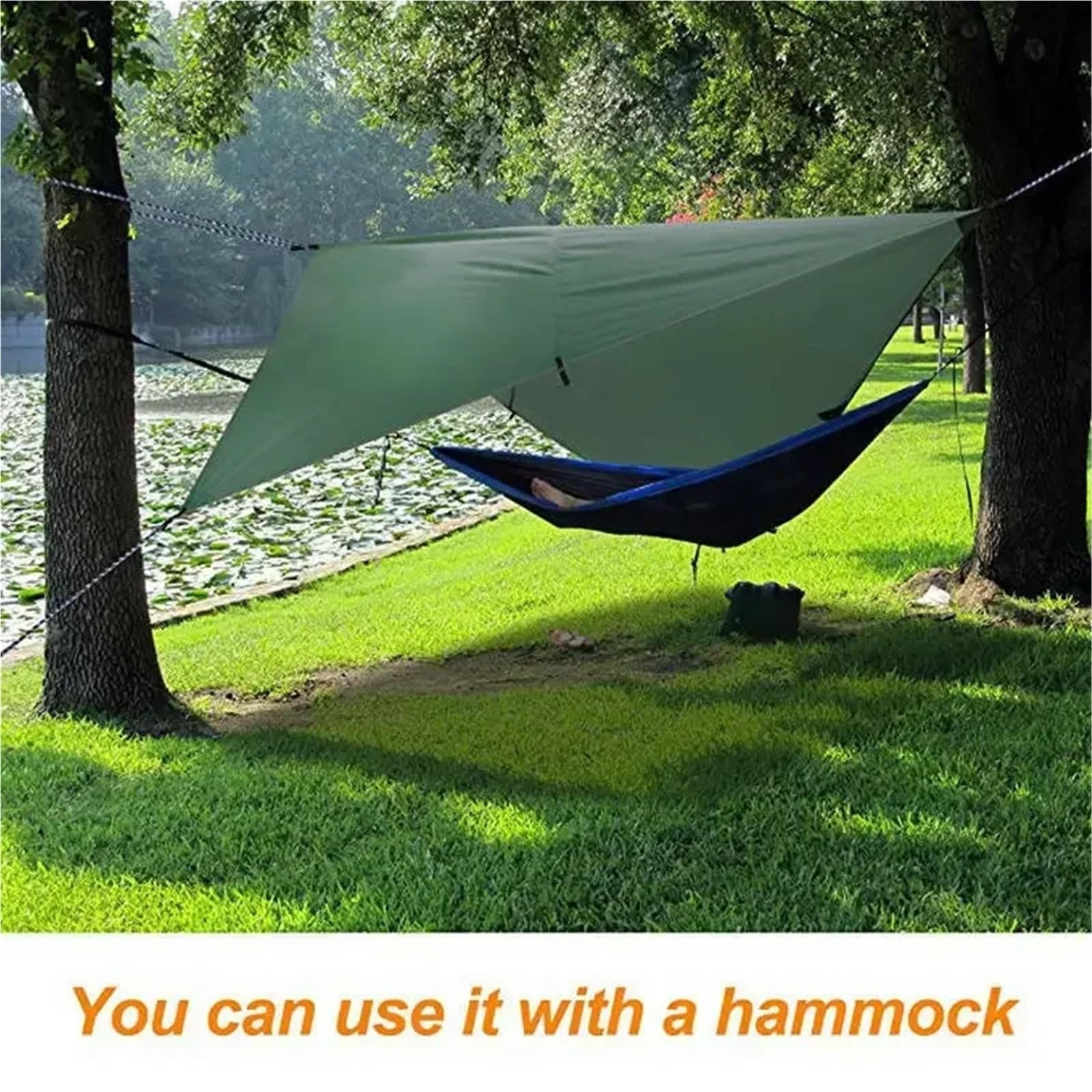 Bâche imperméable 350 x 280 cm - Tente de camping - Hamac - Anti-UV - Auvent de jardin - Pare-soleil ultra léger (kaki)