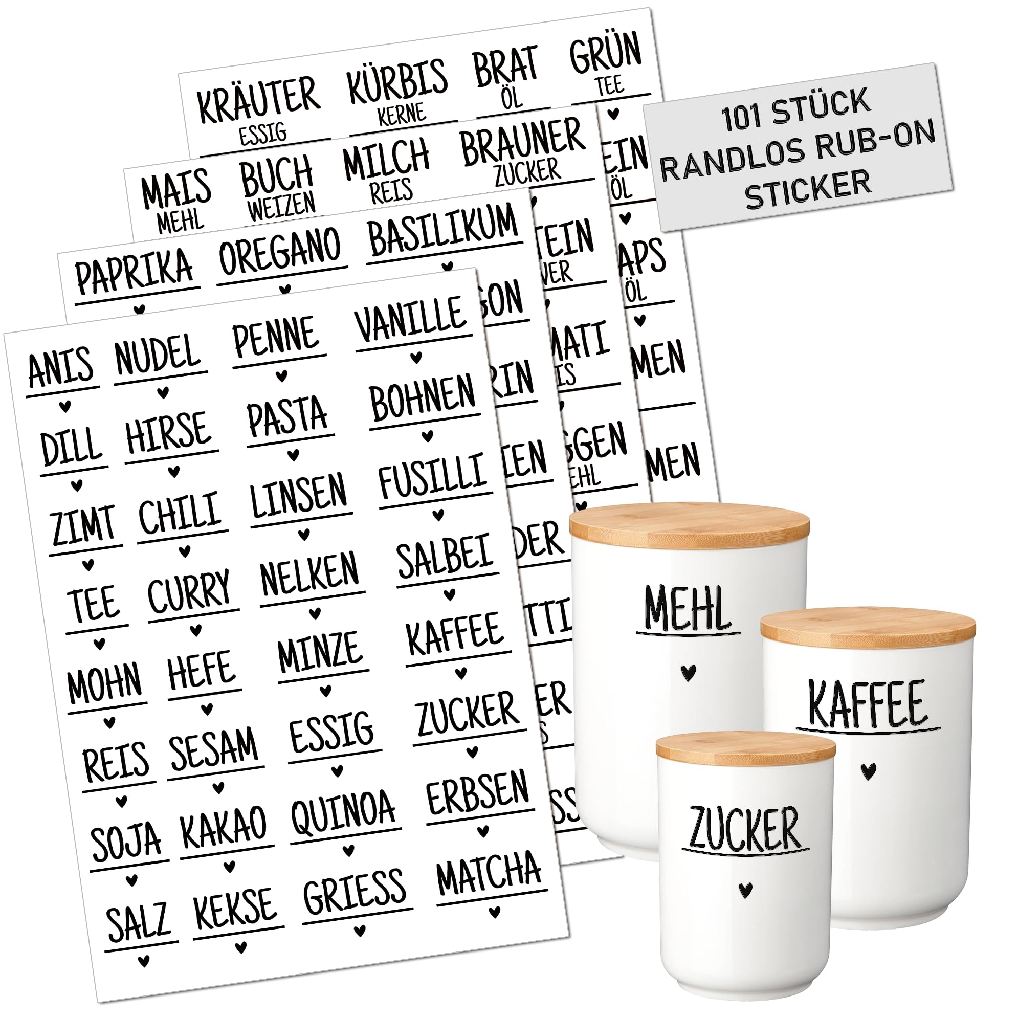 101 randlose Lebensmittel & Vorrats Rub On Etiketten, vorgeschnitten, wasserfest – für Küche, Gewürze, Mehl, Zucker, Nüsse, Pasta & Aufbewahrungsgläser (schwarz)
