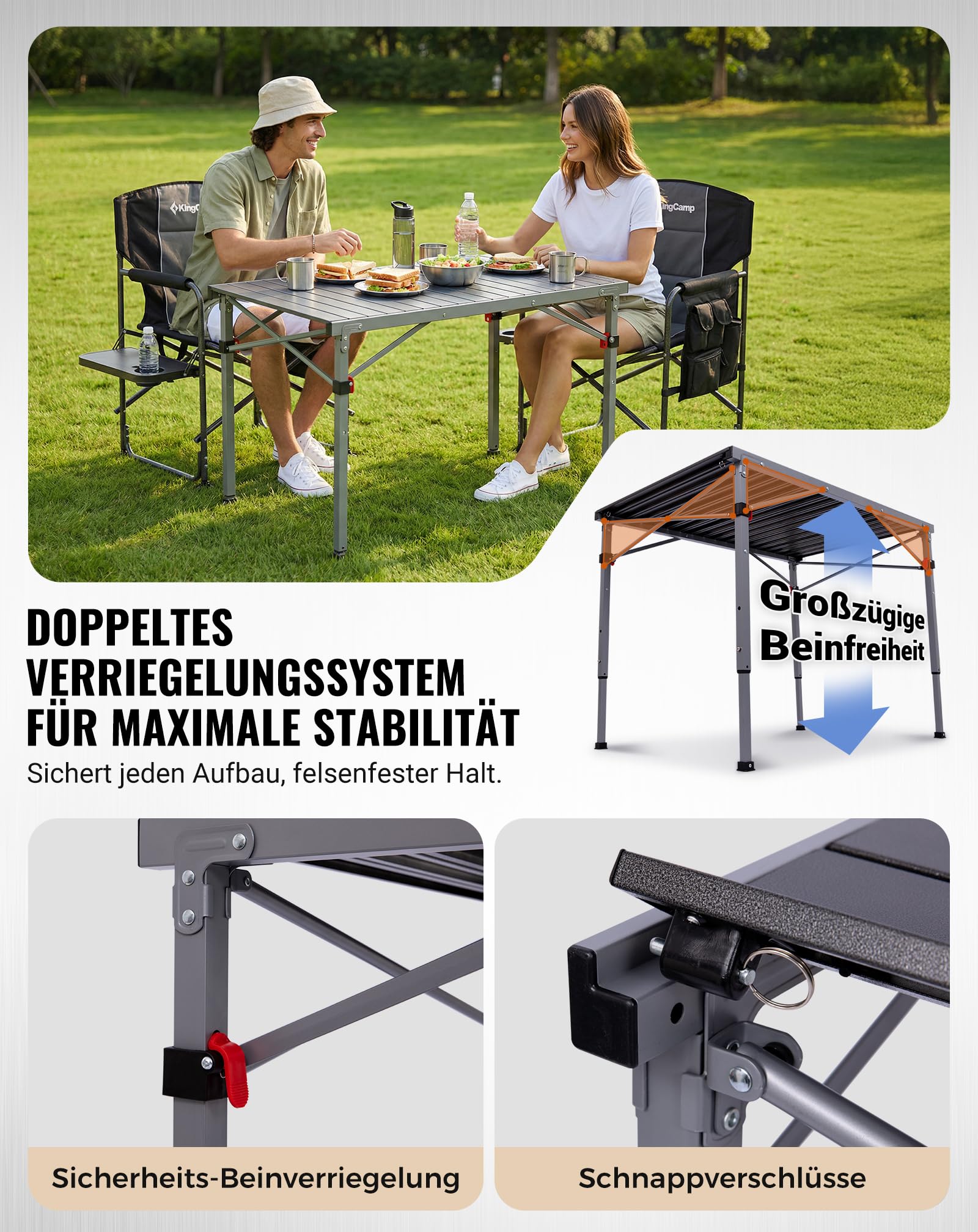 KingCamp Campingtisch Klappbar, bis 120 kg,60/70/80cm Höhenverstellbar | Aluminium Roll-Up Tischplatte,Schneller Auf- und Abbau,Kompakt, Robust,Langlebig,Leicht,für Outdoor,Picknick,107x70cm