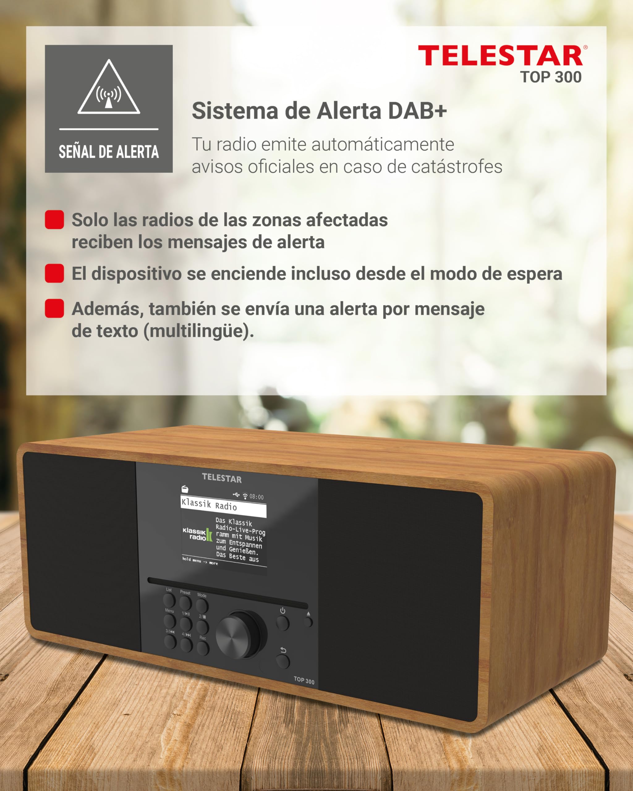 TELESTAR Top 300 – Radio Dab+/Internet con CD, estéreo – Madera | 2 × 15 W, servicios de streaming, Bluetooth audio & función de transmisión, grabación USB, sistema de alerta de emergencia