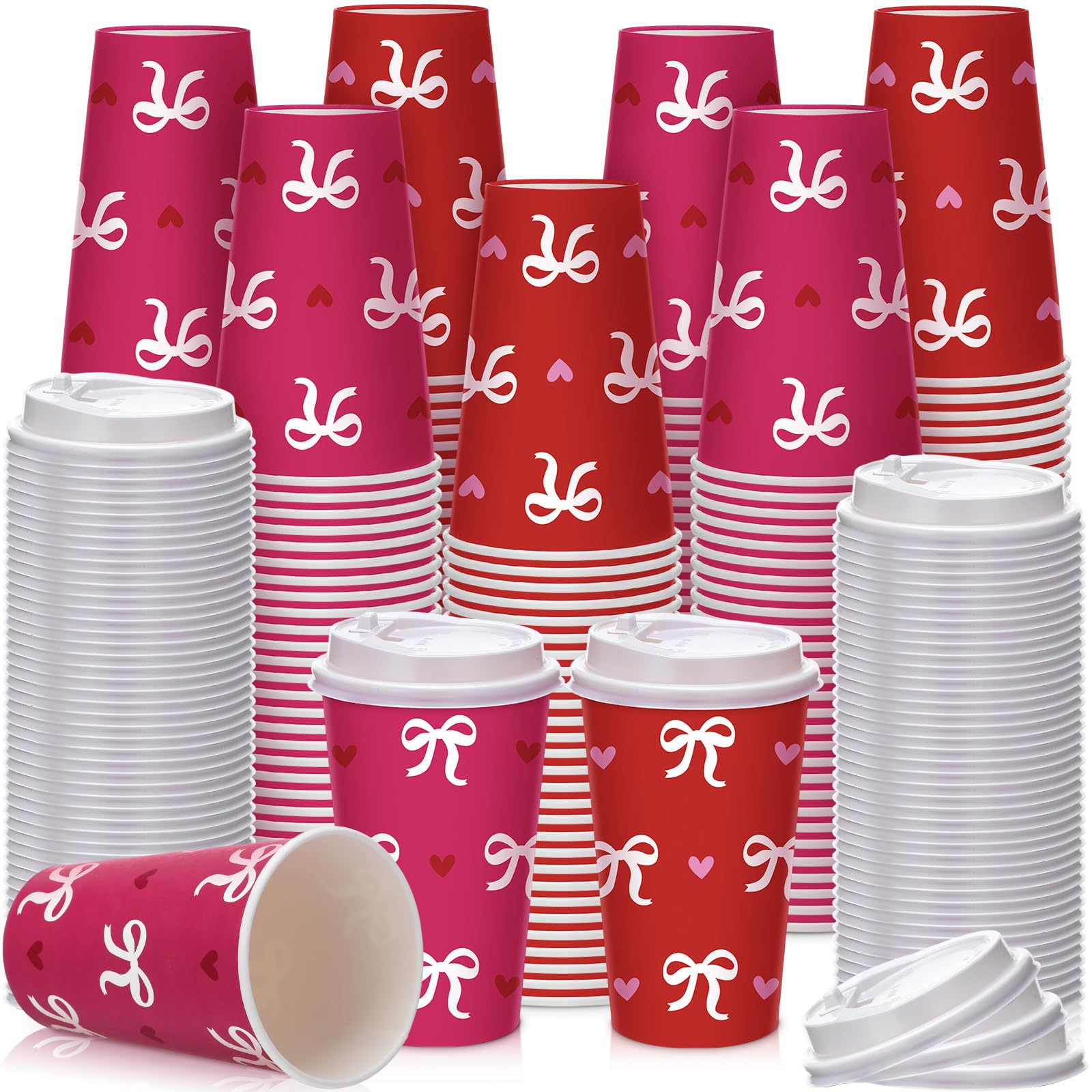 60 Pcs Valentine's Day Disposable Coffee Cups with Lids 16 oz Galentines Paper Beverage Cups Red Pink Bow Heart Coffee Hot Chocolate Tea Container Bar Essentials for Valentine Party Supplies