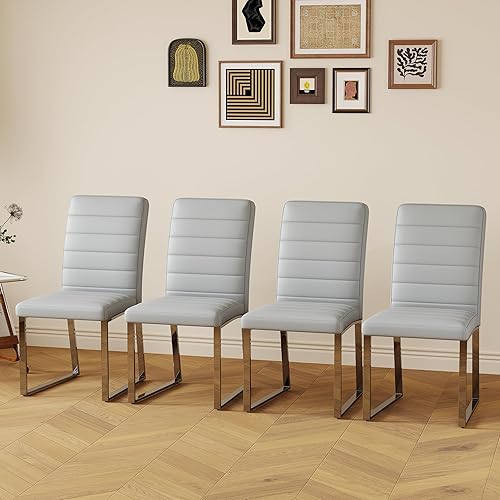 Miniatura 9 de Juego de 4 sillas de comedor modernas, sillas de cocina de piel sintética gris, sillas de comedor tapizadas sin brazos con patas mentales plateadas,