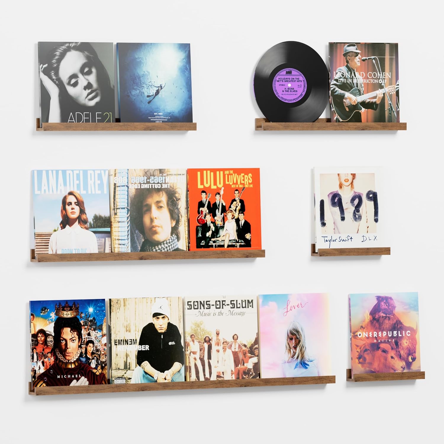 Vinyl Record Shelf Wall Mount, 6PC Album Record Holder Display, Wood Floating Shelves, Wood Ledges for Wall, 0ffice Wall Shelves, Album Shelves, Magazine Rack Walnut - 1x48In, 1x36In, 2x24In & 2x12In 1x48In, 1x36In, 2x24In & 2x12In (6PCs) Walnut