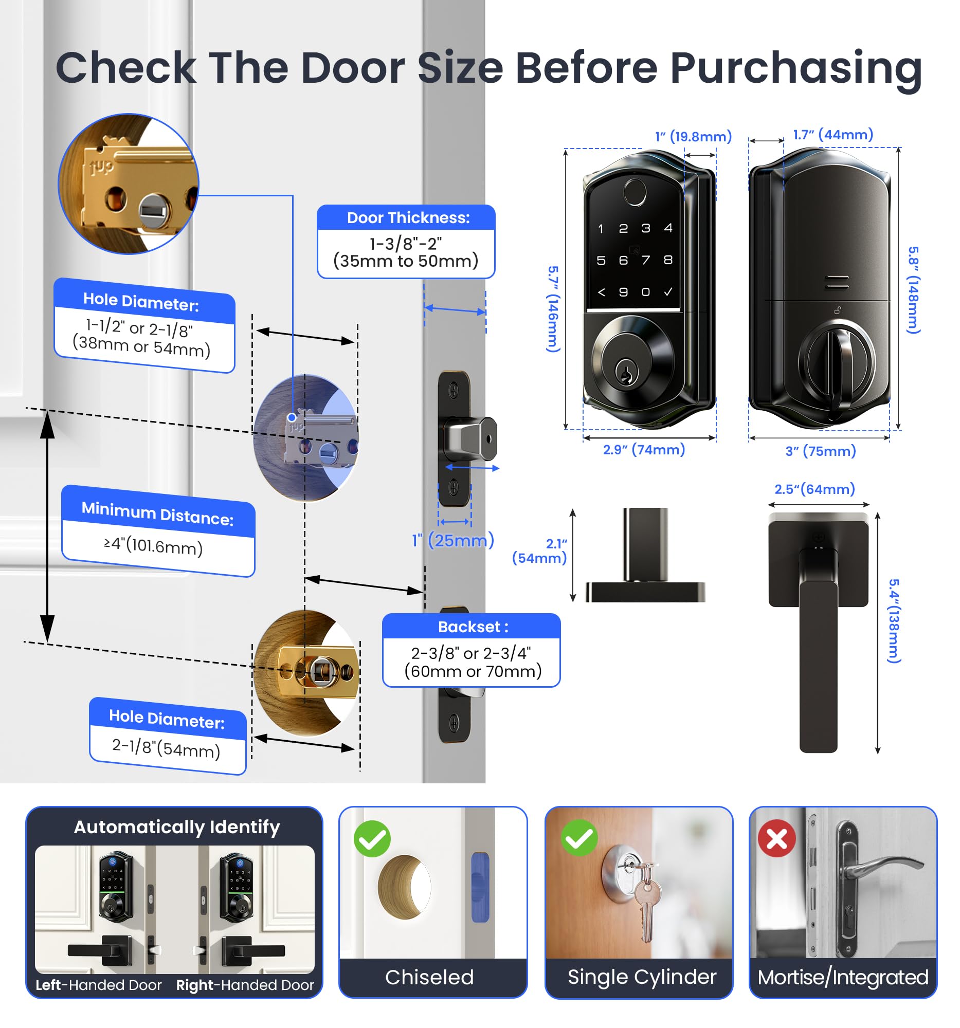 Veise VE017-B Fingerprint Smart Lock for Front Door, App Control, 7-in-1 Keyless Entry Deadbolt with 2 Zinc Alloy Lever Handles Set, Emergency Power Port, Auto Lock, Electronic Keypad, Black