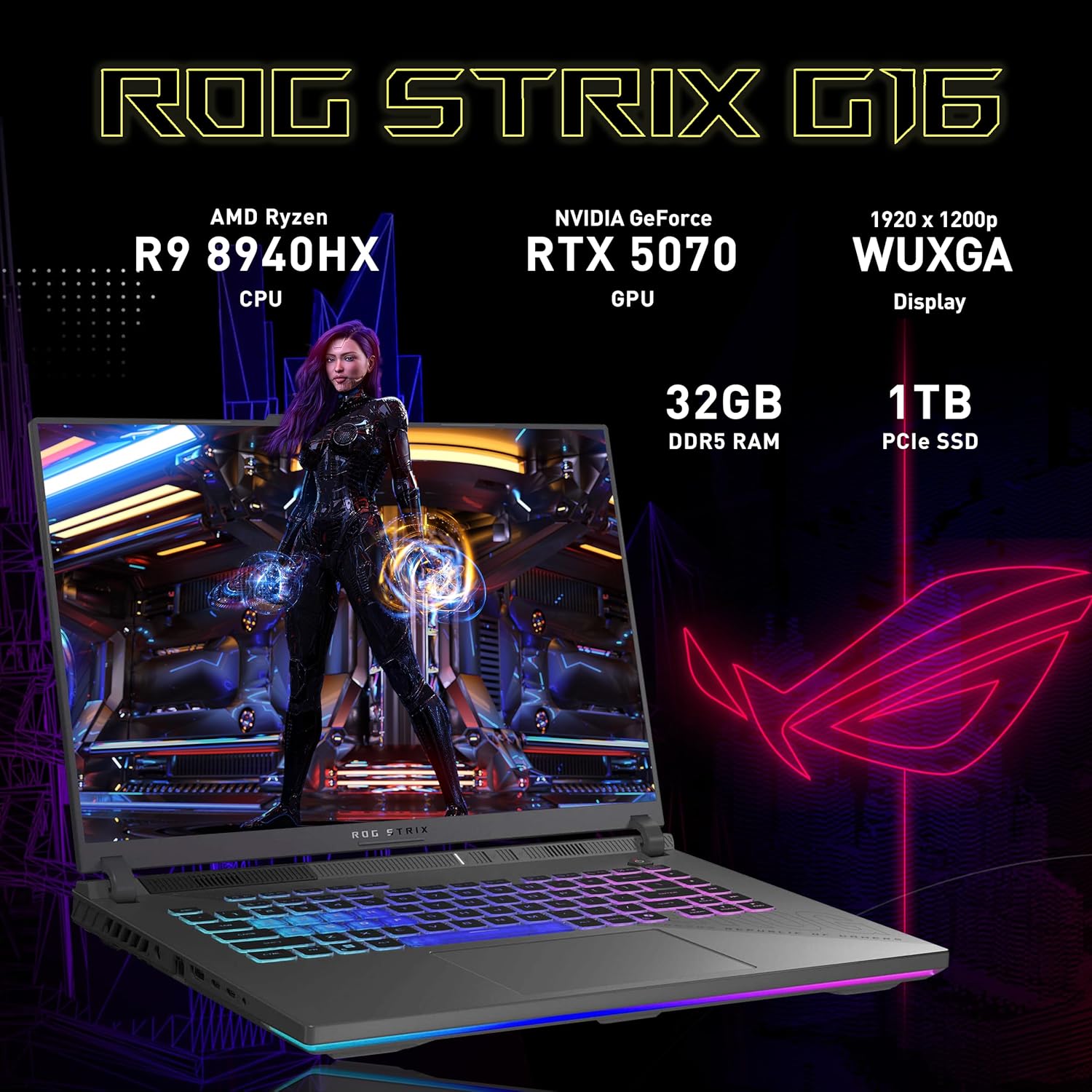ASUS ROG Strix G16 16" WUXGA 165Hz Gaming Laptop, NVIDIA GeForce RTX 5070 8GB, AMD Ryzen 9 8940HX, 32GB DDR5, 2TB Storage (1TB SSD + 1TB Docking Station Set), RGB Backlit Keyboard, Win 11 Pro, Gray