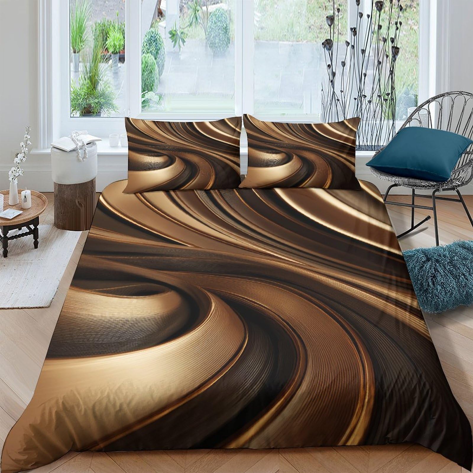 Ctjqhvkz Style-9 3D Printed Golden Swirl Fitted Sheet Microfiber Soft Abstract Wave Mattress Cover Bedroom Decor Anti-Slip Washable Single（135X200cm）