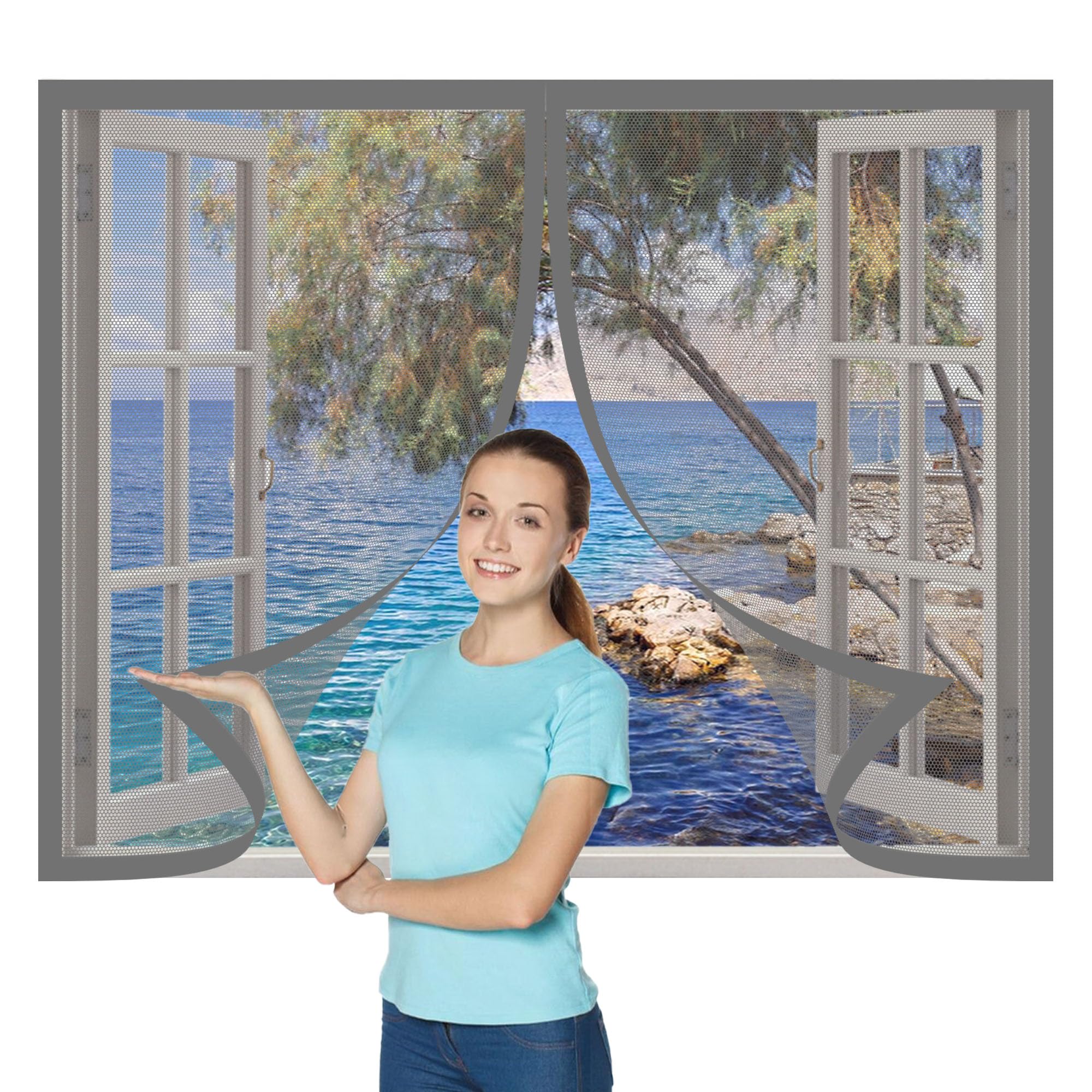 Magnetic Fly Screens Windows 135 x 145 cm Keep Fly Mosquito Out Screen for Windows Fine Mesh Design Prevents Tiny Insects from Entering for Living Room Bedroom Offfice, Grey
