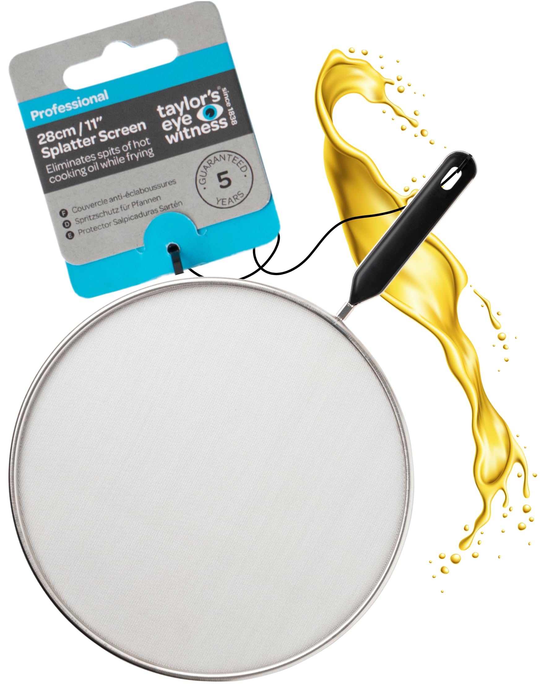 Stainless Steel Splatter Guard – 28cm Fine Mesh Frying Pan Protector With Comfortable Plastic Handle. Easy Clean, Dishwasher Safe, Durable Anti-Splash Shield For Cooking, Frying, Boiling, Steaming