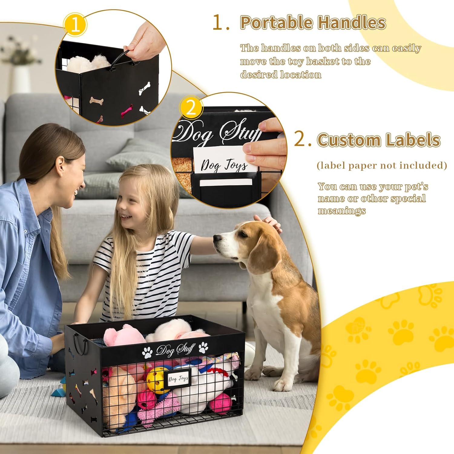 Dog Toy Basket - Large Dog Toy Box with Handles and Label Position Design for Living Room, Metal Dog Toy Bin Storage for Dogs Chew Pets Toys, Blankets, Clothes, Food (Black)