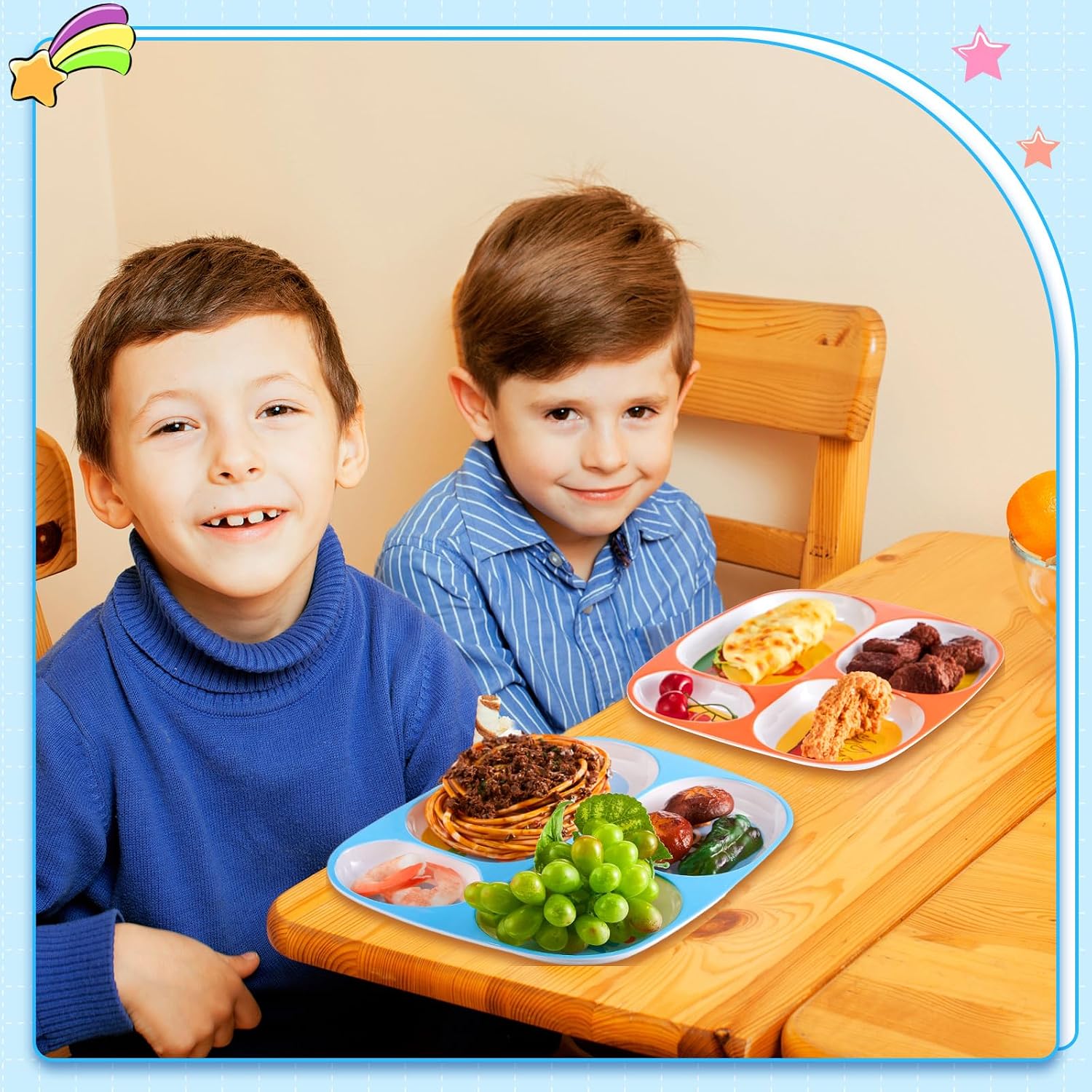 Hushee 6 Pcs 9.4 x 8.2 Inch Kids Plate for Dinner, Cute Toddler Divided Plates for Boys Girls, Plastic Funny Serving Dishes with Construction Dinosaur Firefighter Farm Astronaut Animal