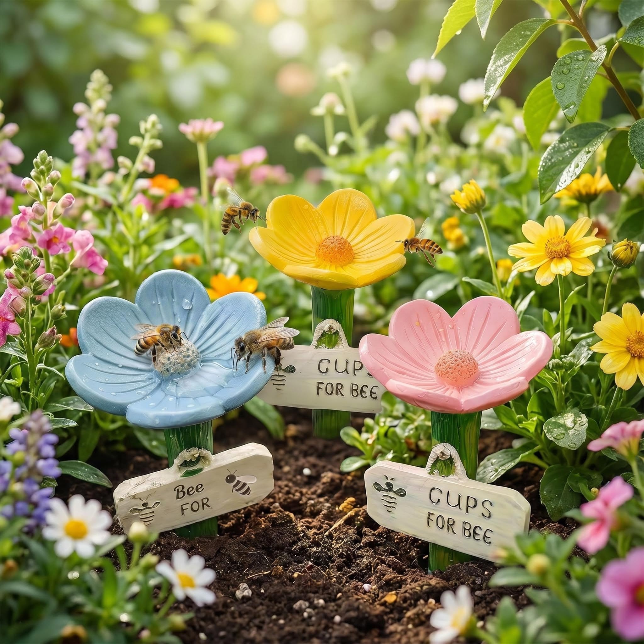 3PCS Bee Watering Station Cups for Bees Flower Shaped Bee Drinking Cups Thirsty Pollinator Garden Outdoor Butterfly Drinking Feeder Water Bowl for Yard, Lawn, Patio Decor