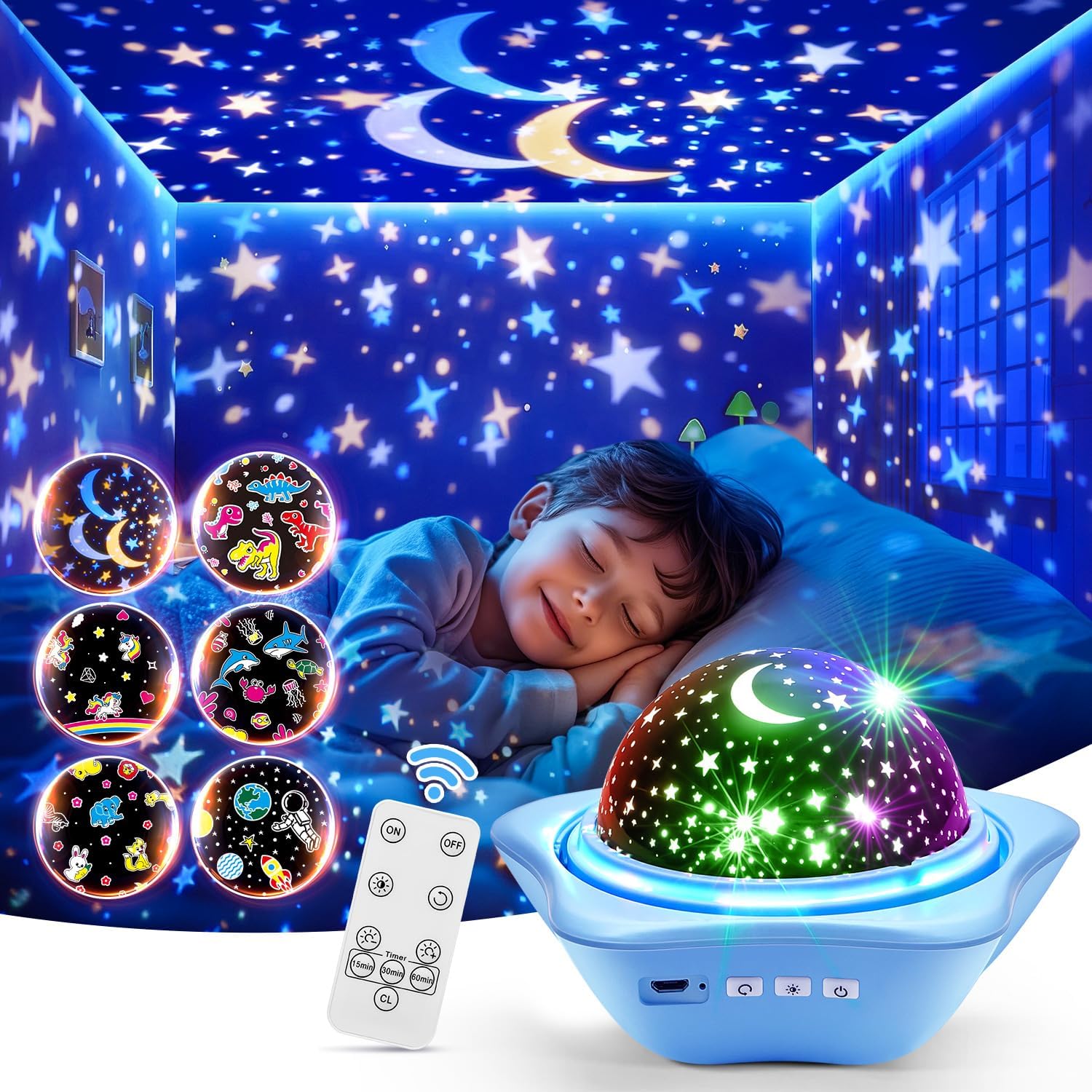 Night Light for Kids, 42 Lighting Modes+6 Flims Kids Night Light Projector, Remote+Dimmer Baby Night Light, Cordless+360° Rotation Star Projector for Kids Star Lights for Ceiling Toddler Night Light Blue