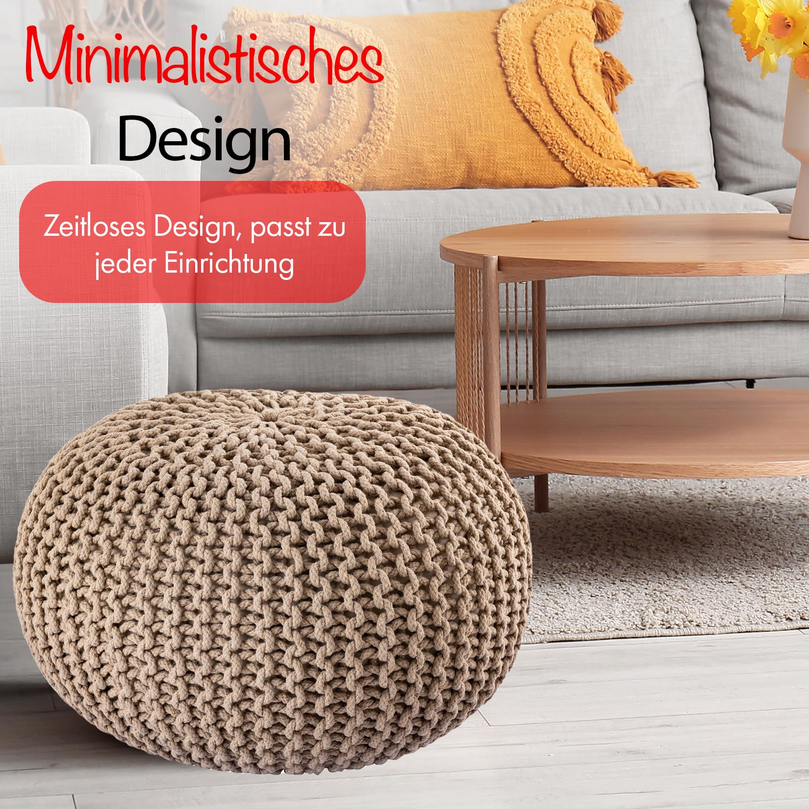 handgefertigter Strickhocker Ø 55cm o. Ø 45cm I Sitzpouf Sitzpuff Bodenkissen Sessel Kissen Sitzhocker Sitzsack - mit eleganter Grobstrick-Optik - Dekoration Interieur (Taupe, Ø 55cm)