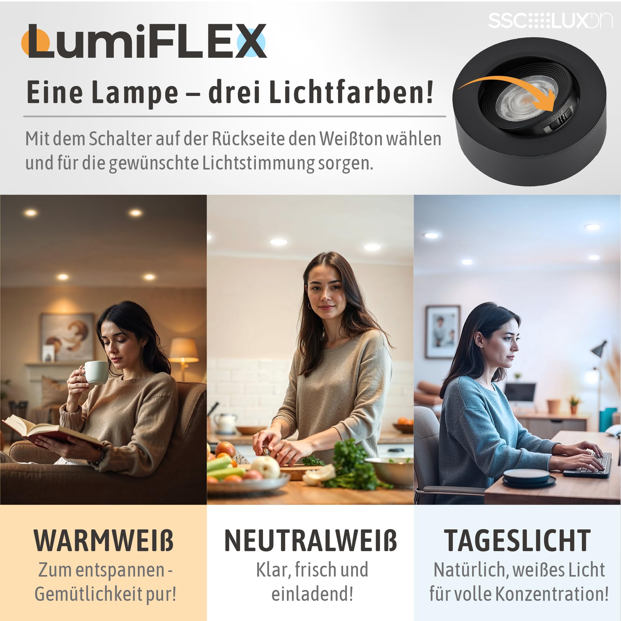 SSC-LUXon VIONA - Set di 10 faretti a LED da incasso, piatti, orientabili, colore nero, bianco caldo, bianco neutro, luce diurna