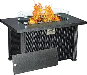 Outdoor Fire Table, 44 inch Rectangle Propane Gas Fire Pit Table, 50,000 BTU Modern Firepit with Wind Guard, Lava Rock, Rain Cover