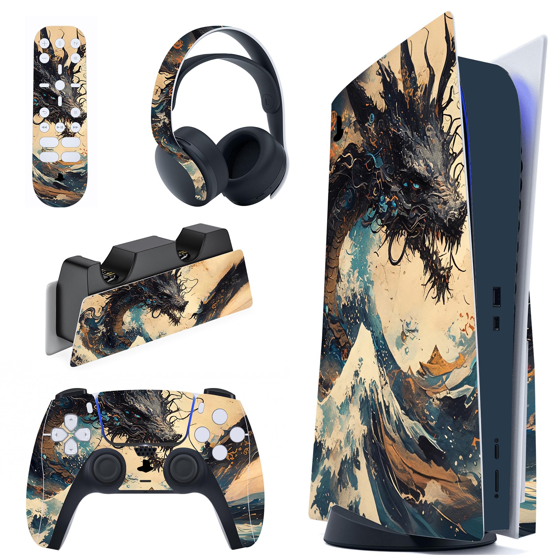 playvital Autocollants Proetction pour ps5 Manette Accessoire,Sticker Skin Decal pour ps5 Standard Console & Controller & Télécommande & Casque & Station de Charge-Dragon Tempête