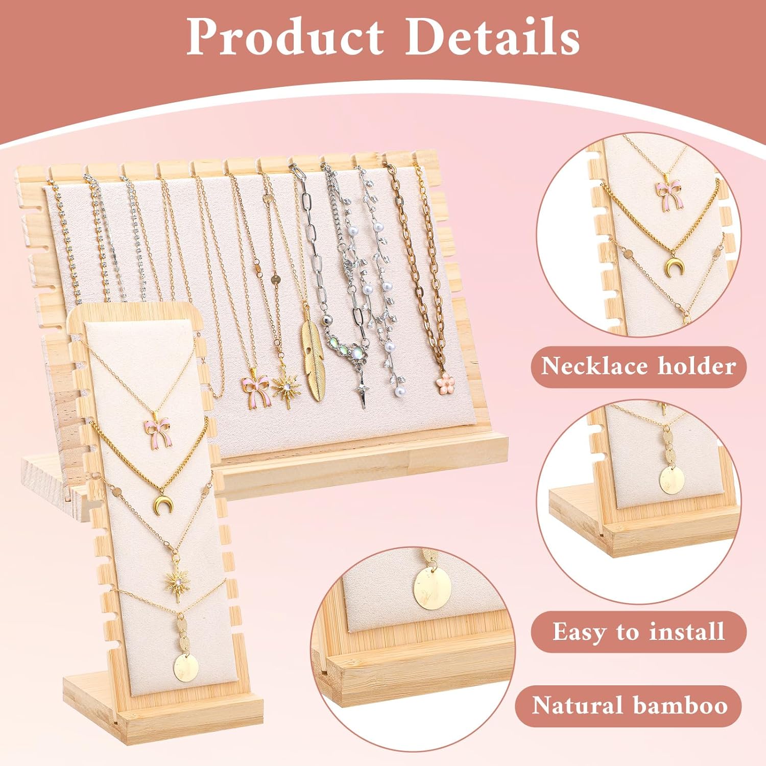 4 Pcs Necklace Jewelry Display Stands Wood Necklace Holder with Removable Base Tabletop Jewelry Organizer for Home or Shop Sell Show