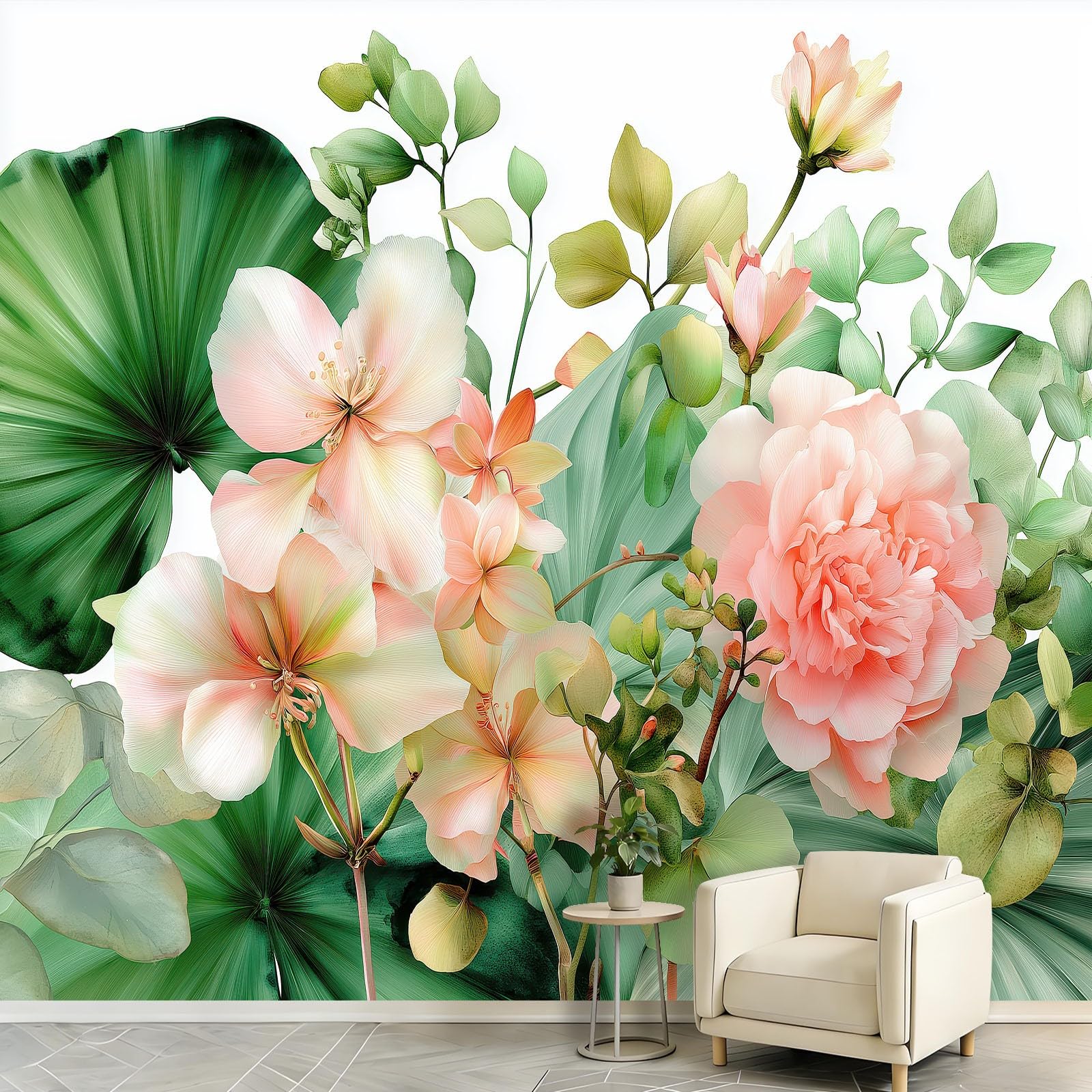 Carta da parati fotografica in tessuto non tessuto, acquerello, scandinavo, piante tropicali, effetto 3D, fantasiosa carta da parati da parete per camera da letto e soggiorno, 300 x 210 cm, colore
