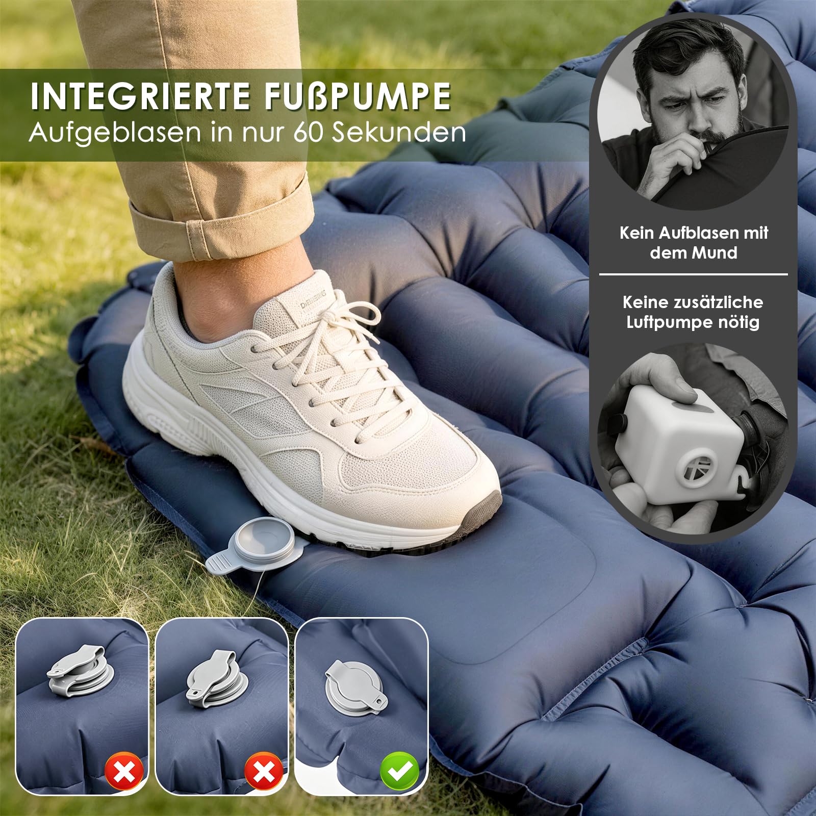 Isomatte Camping mit Fußpumpe, Ultraleichte Luftmatratze mit Kissen, 8cm Dicke Schlafmatte, Verbindbares für Einzel- oder Doppelnutzung, Wasserdicht für Camping