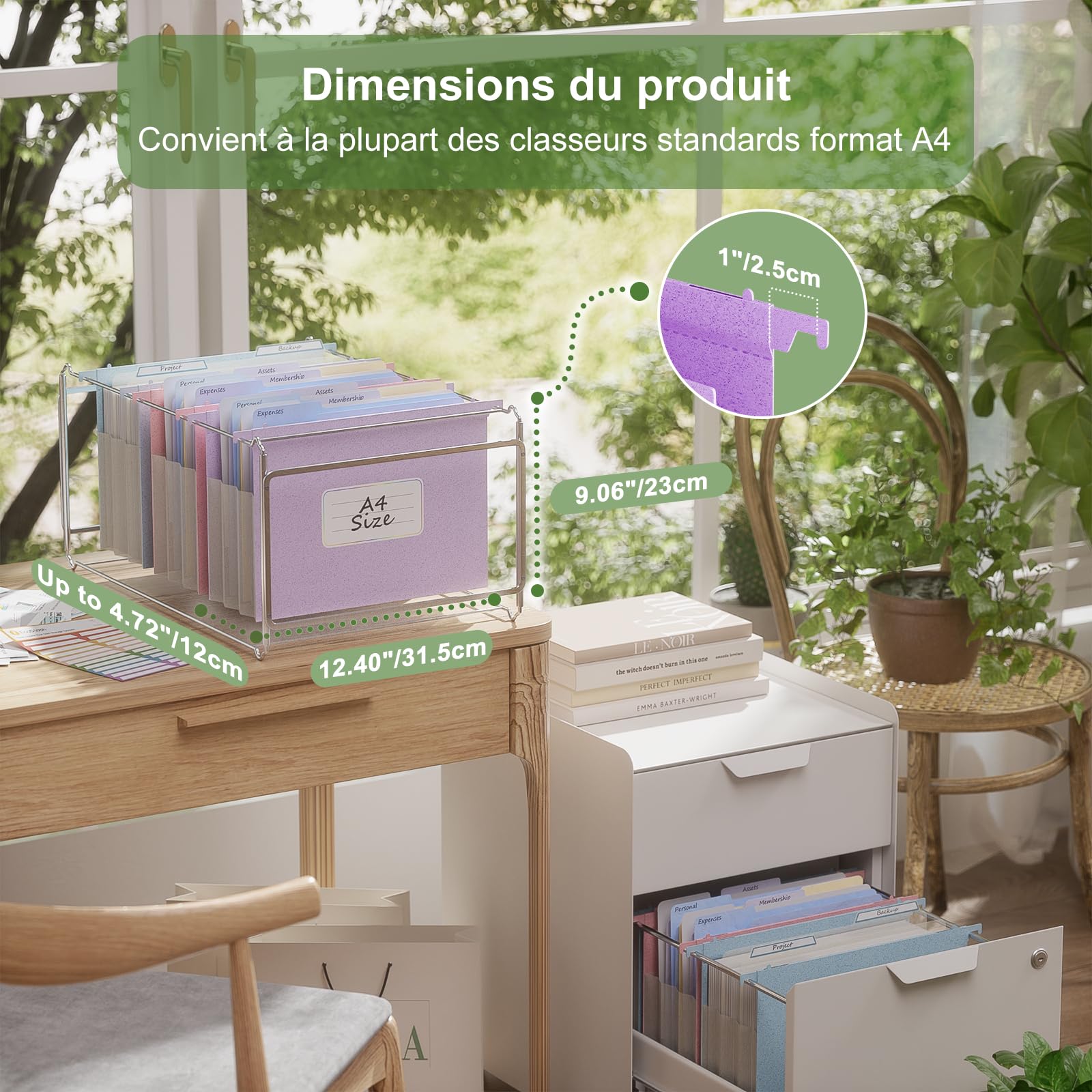 EcoStach Dossiers Suspendus A4, en paille de blé, organiseur de dossiers suspendus avec onglets et inserts pour bureau, maison et école (lot de 3, Violet, Bleu, Rose)