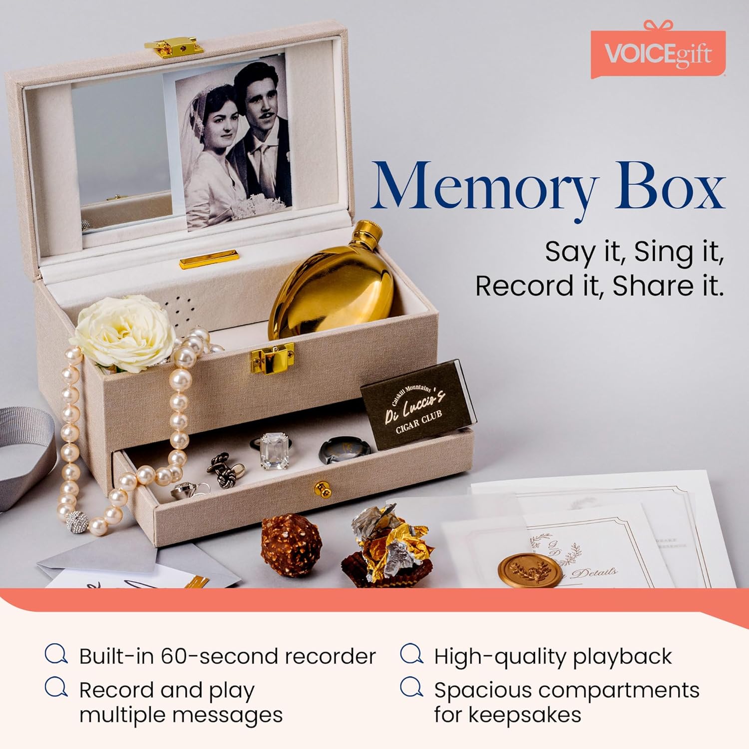 VOICEGIFT Memory Box, Recordable Memory Box with Removable Voice Recorder Module, Decorative Keepsake Box for Photos & Jewelry, Record and Re-record 60-Second Personal Messages | Natural