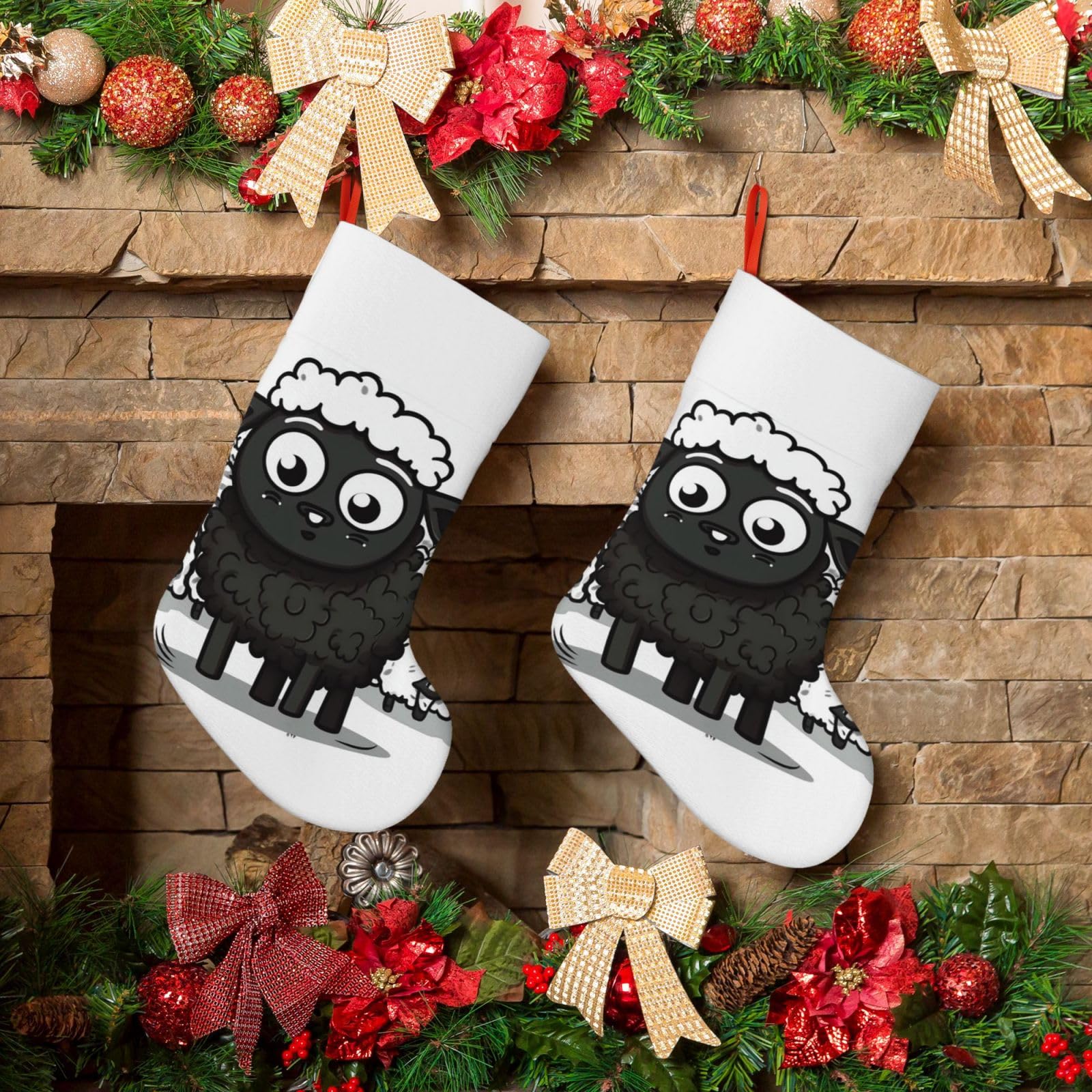 KLOPH Christmas Stockings 18" Personalized Xmas Stocking Cartoon Black White Sheep Decoration Stocking Hanging Fireplace Stocking for Holiday Xmas Tree Christmas Fireplace Decor