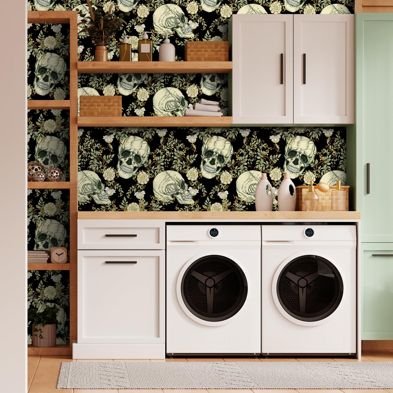 Papier Peint Autocollant à Motif Floral Violet, Motif Tête De Mort